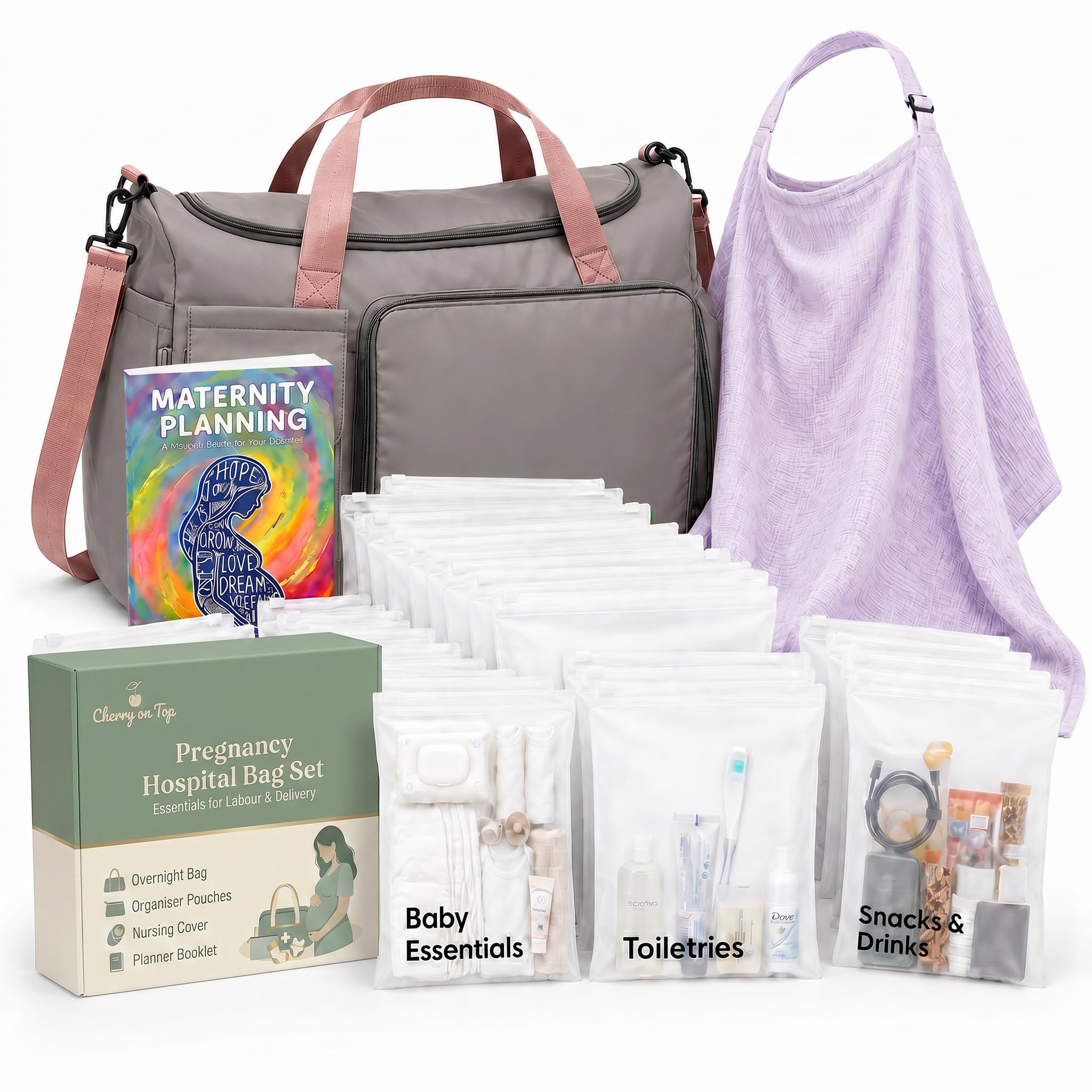 Pregnancy Bag For Hospital - Complete Labour And Delivery Set With Hospital Bag, 21 Organiser Pouches, Planner Book & Nursing Shawl - Premium Expectant Mum Hamper & Baby Shower Set, Grey