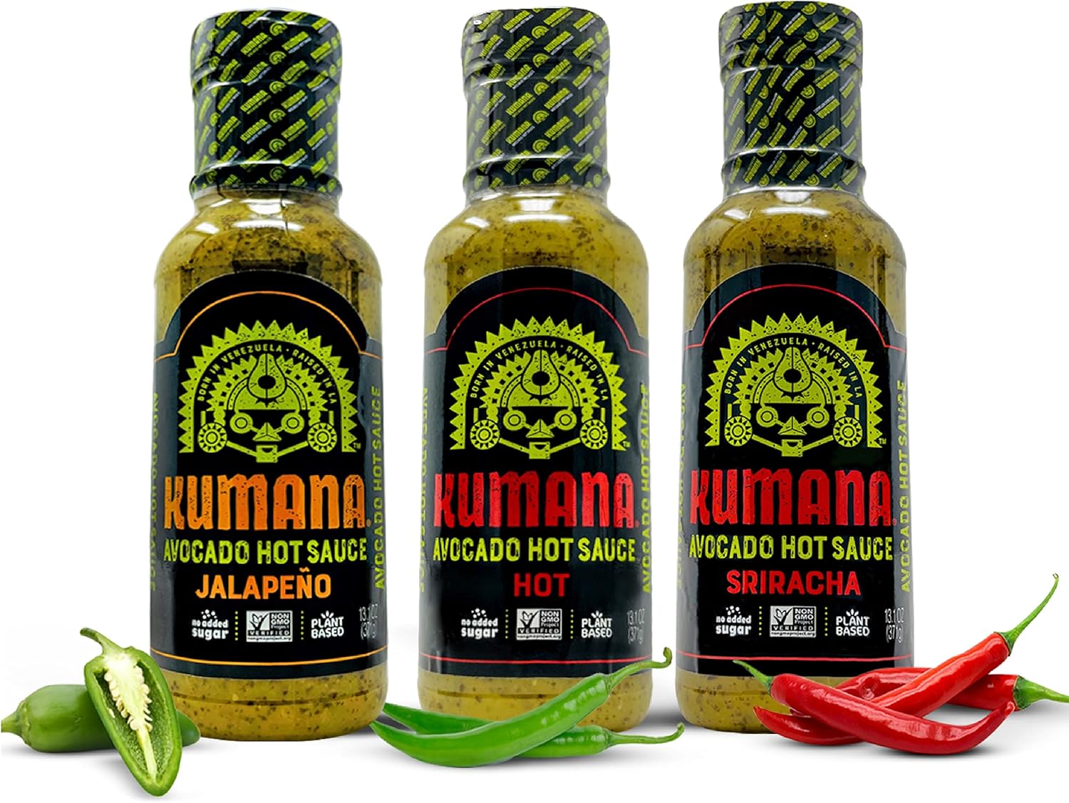 Kumana Avocado Hot Sauce, 3 Bottle Variety Pack. Gourmet Hot Sauces