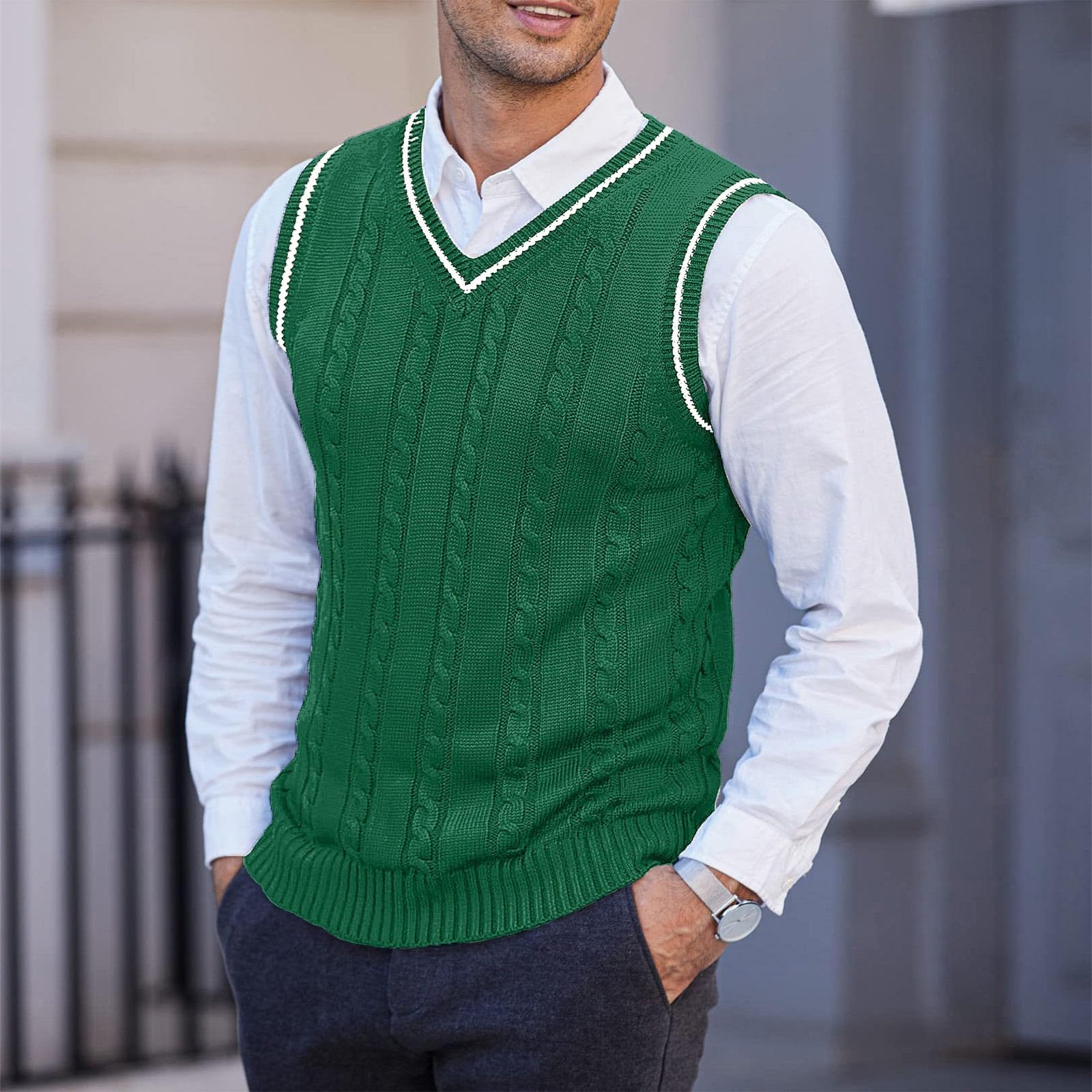 Gilet lavorato a maglia da uomo, scollo a V, senza maniche, con bottoni, maglione invernale, slim fit, lavorato a maglia, maglione spesso, per il tempo libero, motivo treccia, misto lana, per