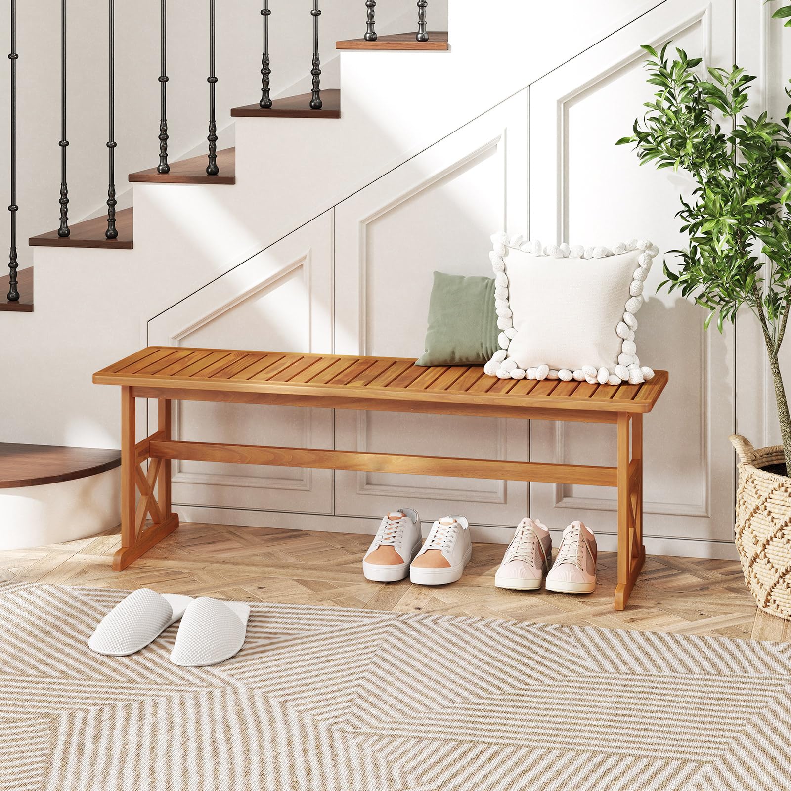 COSTWAY Panchina da Esterno in Legno di Acacia, Portata 360 kg, Panchina per 2-3 Persone senza Schienale con Sedile a Doghe, Panca Esterno per Veranda, Giardino, Balcone e Cortile (1)