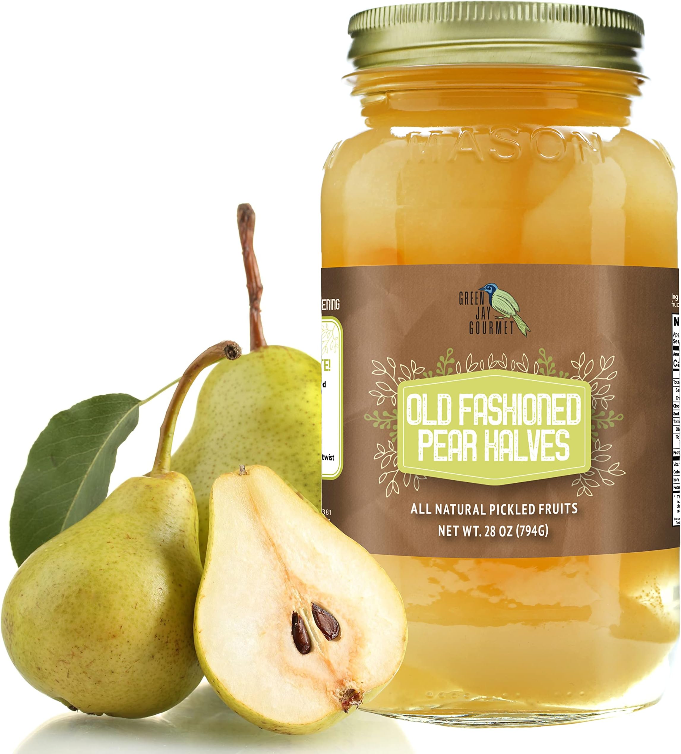 Green Jay Gourmet Old Fashioned Pears in a Quart Jar - Fresh Hand Jarred Fruit for Cooking & Pantry – Home Grown Pre-Prepared Pickled Pears – Simple Natural Ingredients - 28 Ounce Jar