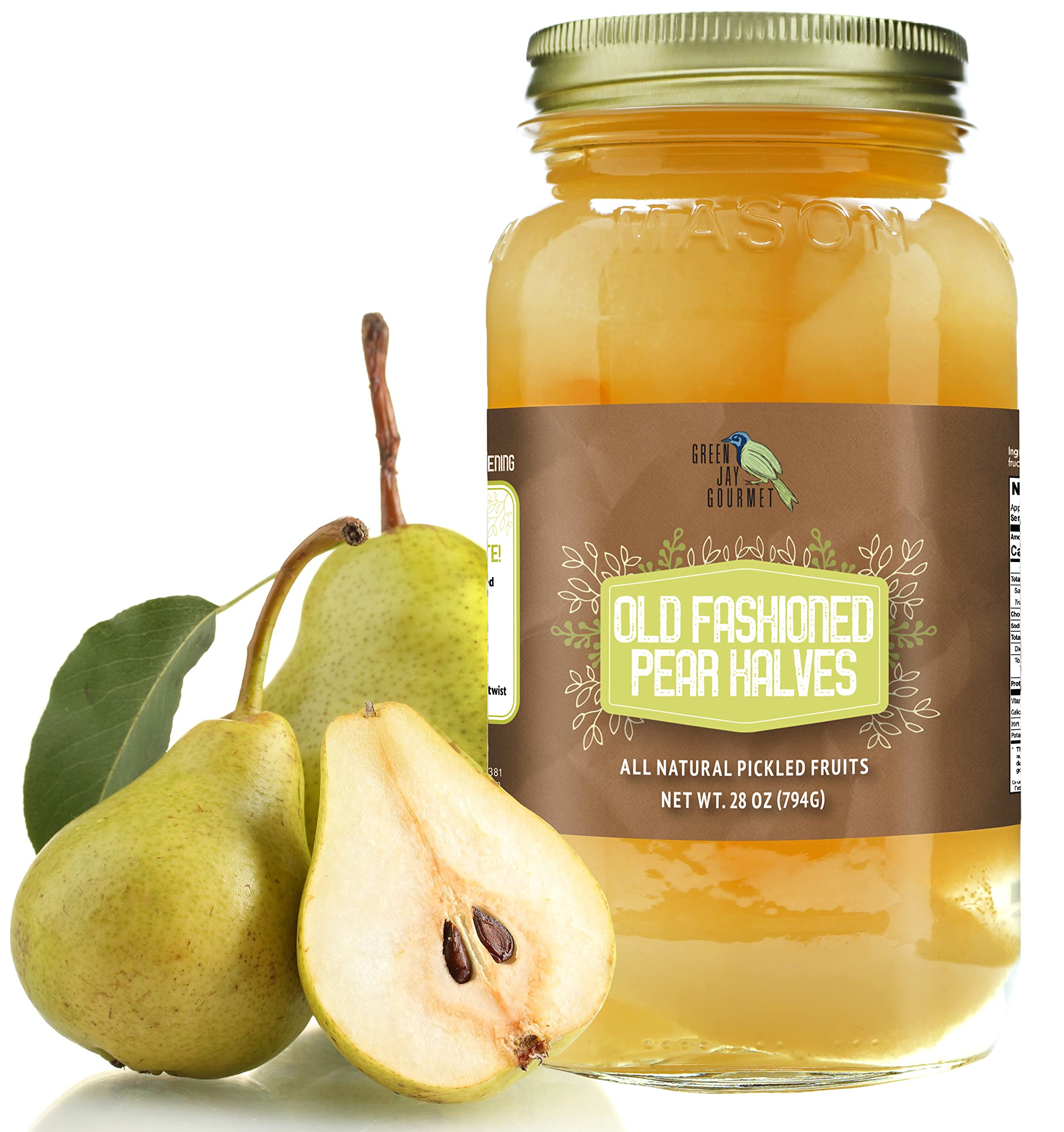 Green Jay Gourmet Old Fashioned Pears in a Quart Jar - Fresh Hand Jarred Fruit for Cooking & Pantry – Home Grown Pre-Prepared Pickled Pears – Simple Natural Ingredients - 28 Ounce Jar