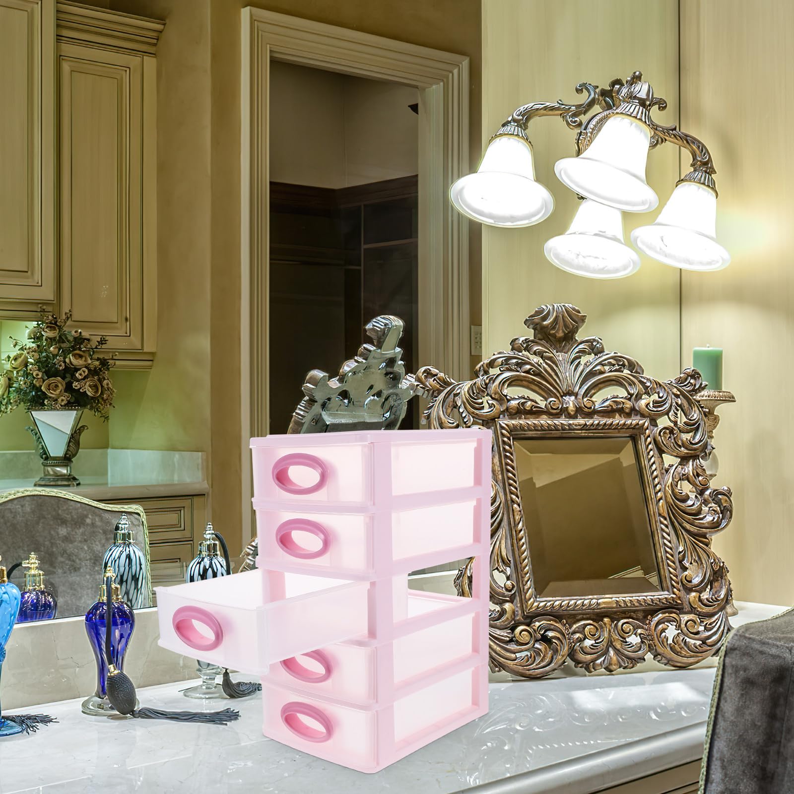 Didiseaon Scatola da Scrivania a Strati 5 Livelli Rosa, Organizer per Cassetti Portaoggetti Cosmetici e Cancelleria, Mobiletto in Plastica Resistente per Ufficio e Casa