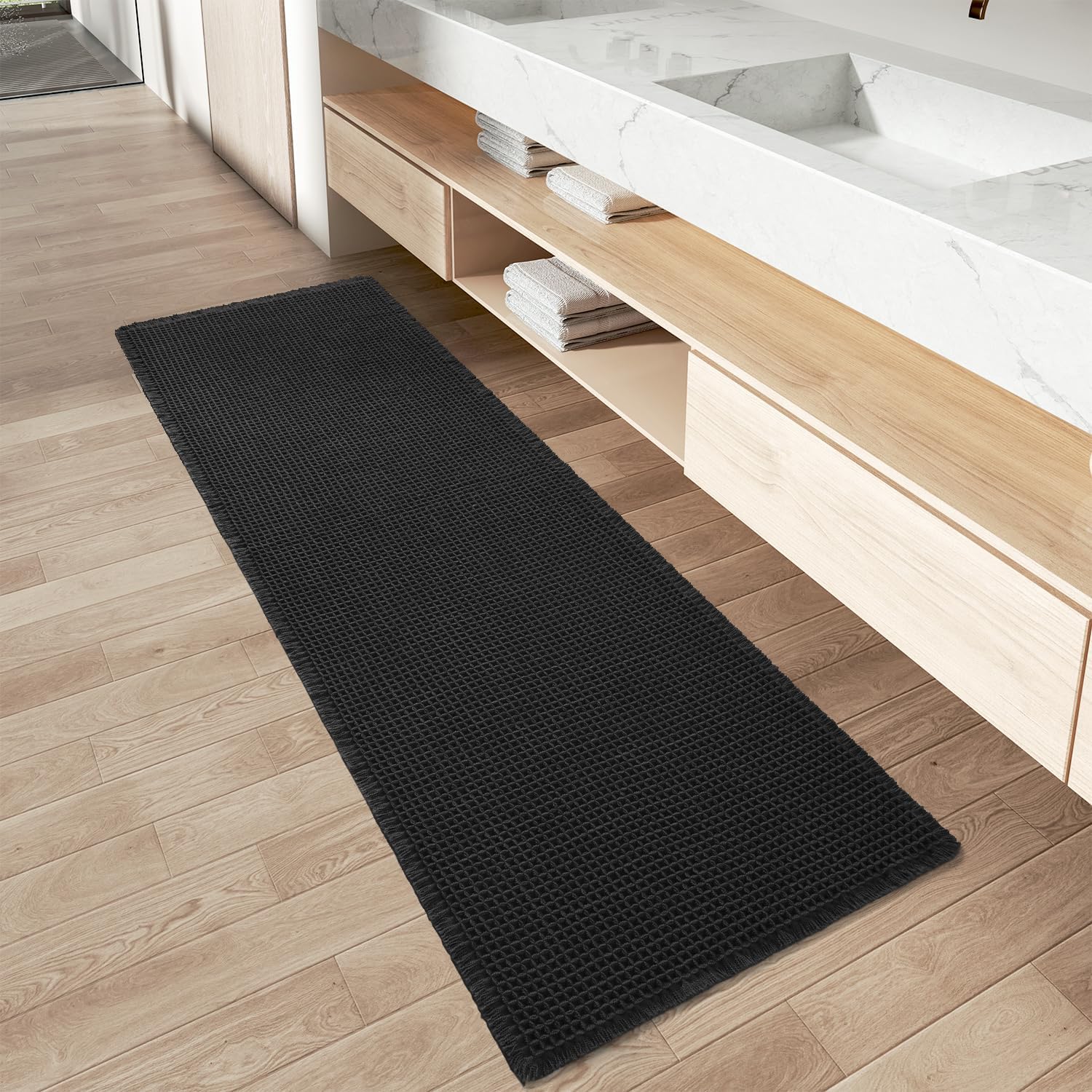 Photo 1 of [DIRTY/VERY USED] AMOAMI Upgraded Waffle Runner Rug, Super Absorbent Non Slip Bath Mats for Bathroom Floor, Washable Bathroom Runner Rug with Tassels, Ideal for Hallway Bedroom Laundry Room, Black, 2'x 4'(24" x 48")