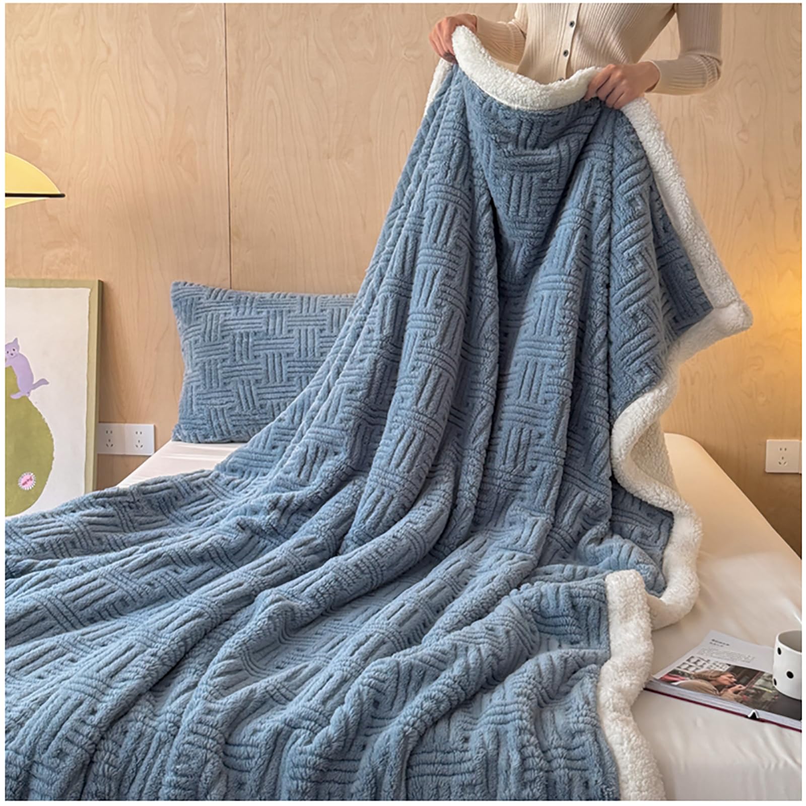 Jeté de canapé polaire réversible pour soirées d'hiver couverture lit double chaude bleu