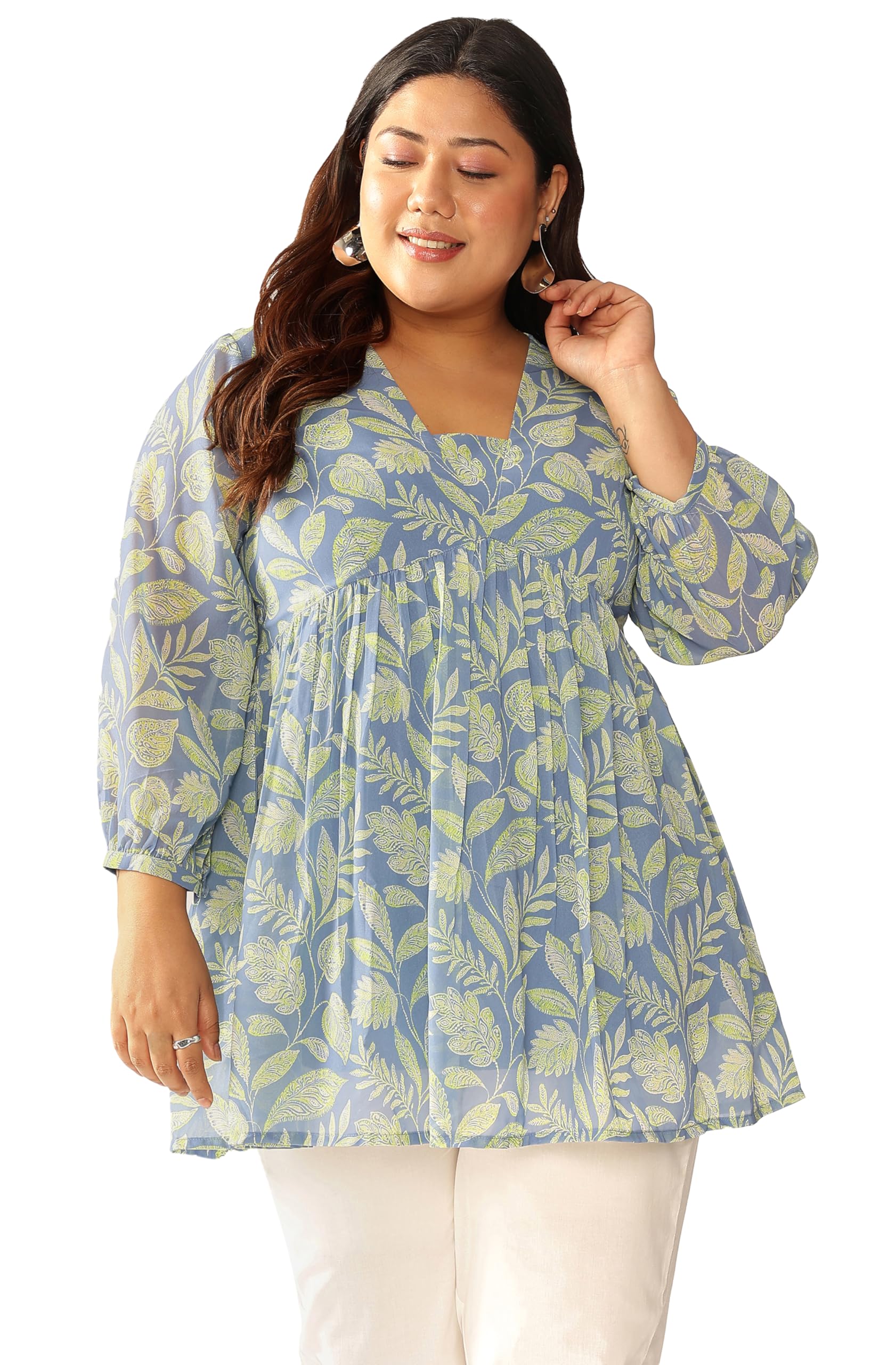 Women's Plus Size Blue Georgette Tropical Printed A-line Tunic