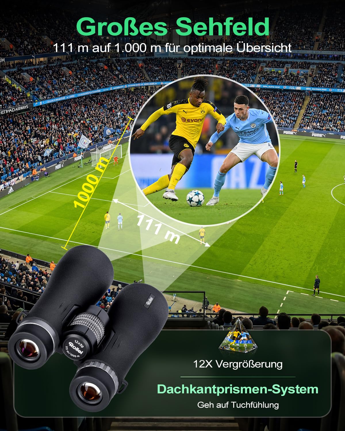Rollei Fernglas 12x50 Pro Binoculars für Erwachsene mit 12X Vergrößerung
