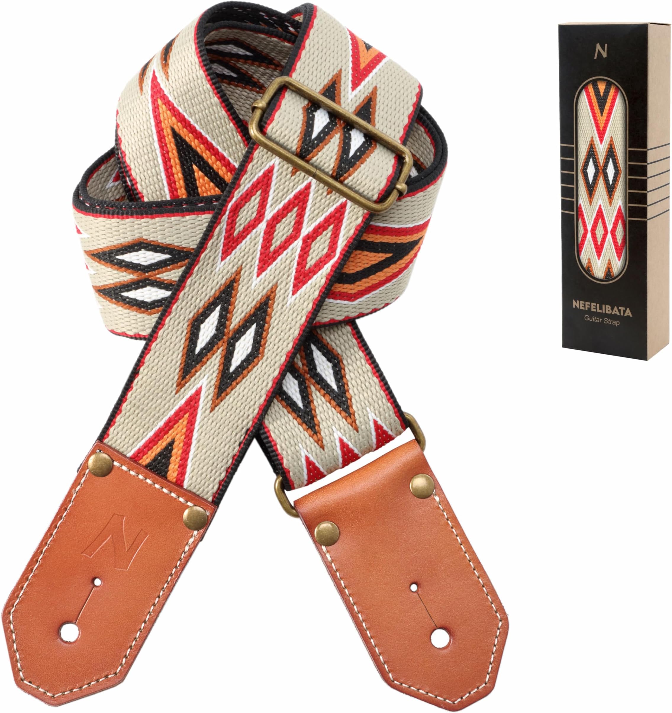 Woven Guitar Strap with Thicked First Layer Vegetable Tanned Cowhide Leather Ends for Acoustic, Bass, Electric, Best Gift for Your Love Guitarists