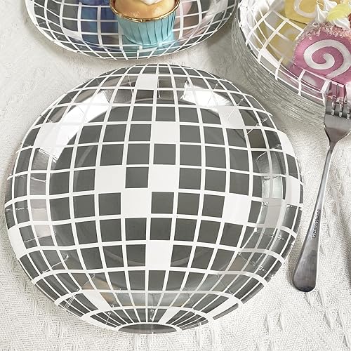 Miniatura 3 de TINSKY 50 platos de bola de discoteca plateados, suministros de fiesta de discoteca de los años 70, platos de despedida de soltera, decoraciones