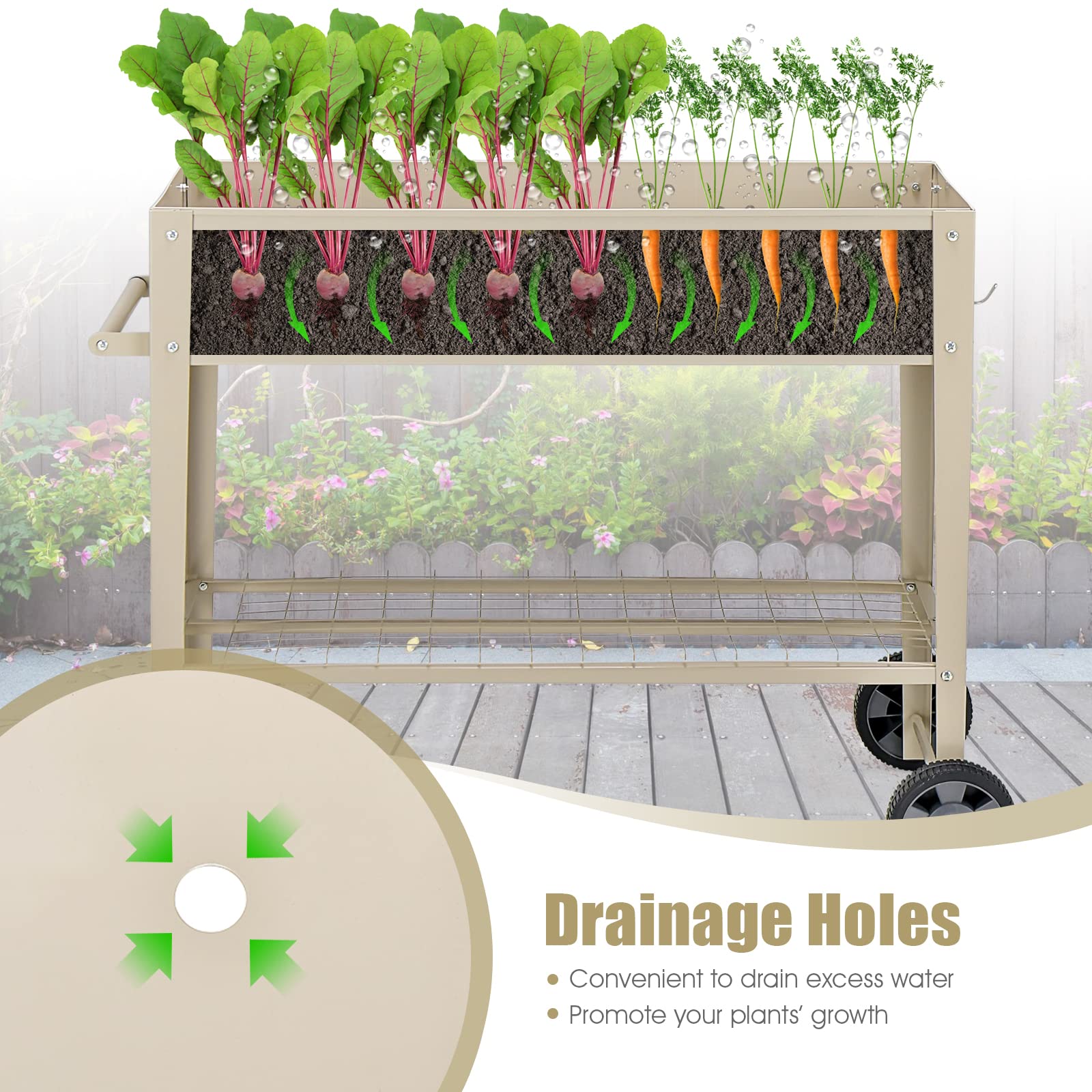 GOPLUS Jardinière Surélevé sur roulettes avec Étagère et 2 Crochets pour Outils de Jardinage, Lit de Jardin en Métal pour Légume, Herbe, Carré Potager Extérieur pour Jardin, Balcon (Blanc)