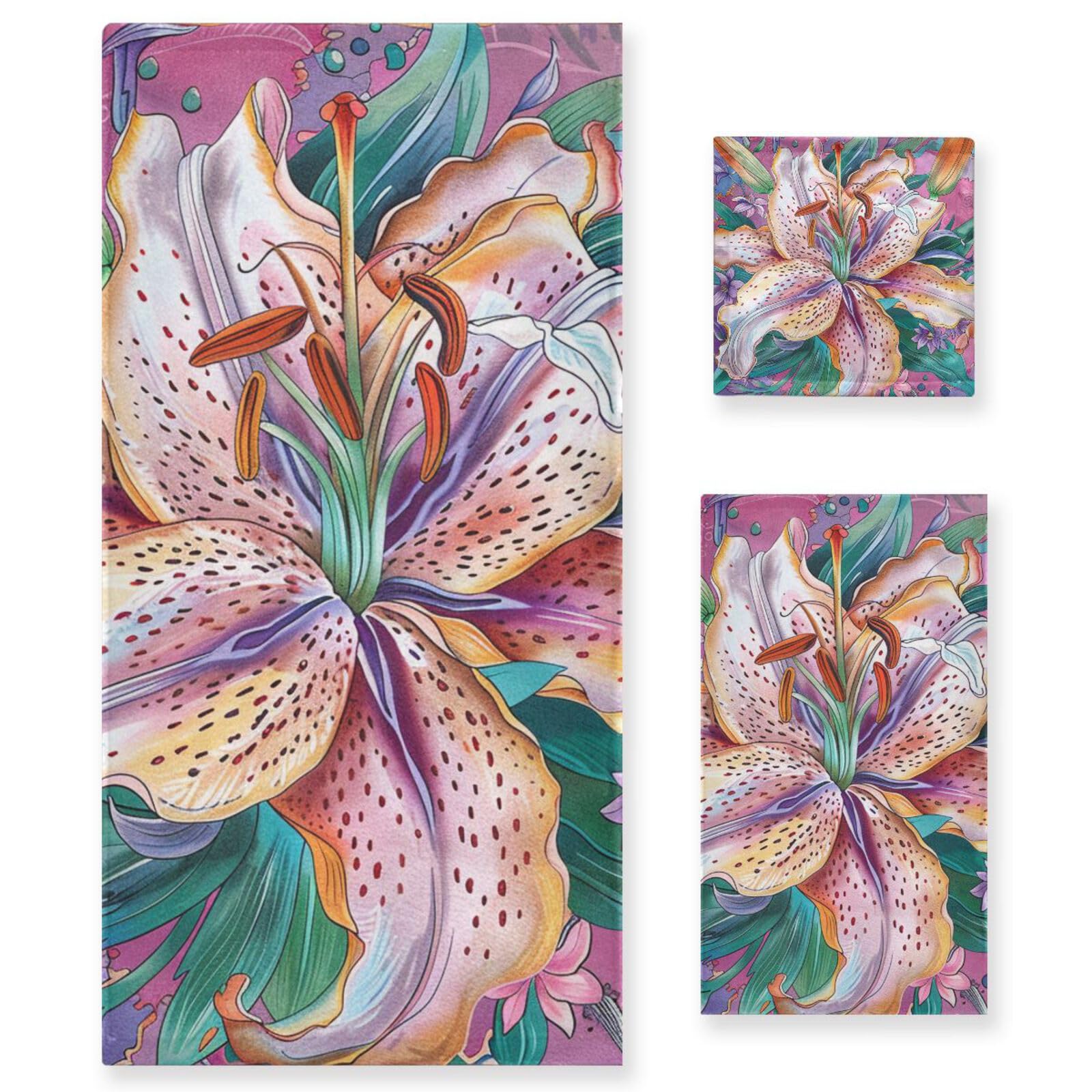 Set di 3 asciugamani morbidi per il viso, motivo floreale, stile bohémien, con motivo floreale, 1 asciugamano da bagno, 1 asciugamano per le mani, 1 panno per yoga, bagno e cucina