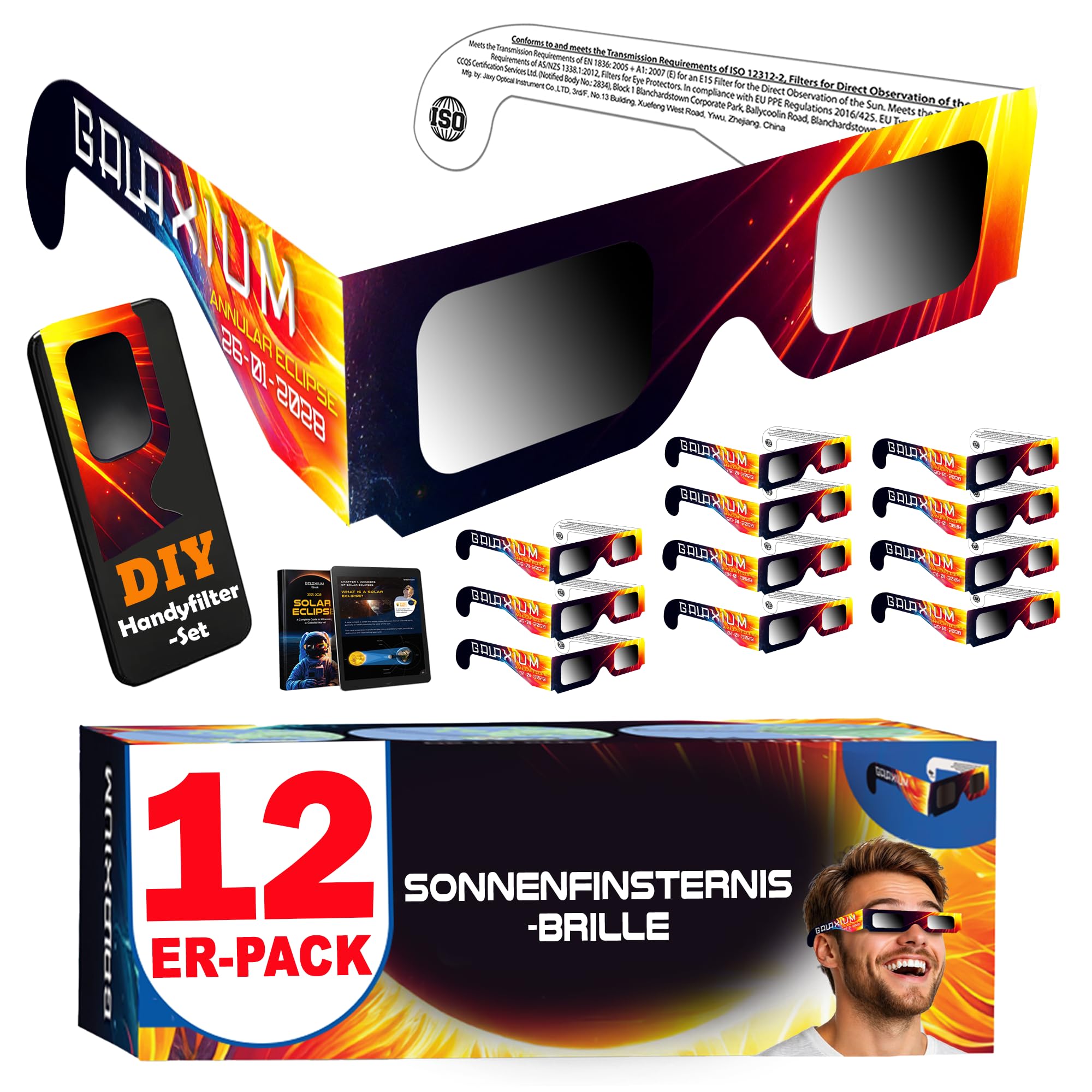Galaxium 12/25/50/100er-Pack Sonnenfinsternis Brille ISO 12312-2 AAS Geprüft 2026 | Brillen Sonnenfinsternis | Schutzbrille für Sonnenfinsternis | Sonnenfinsternisbrille | Solar Eclipse Glasses