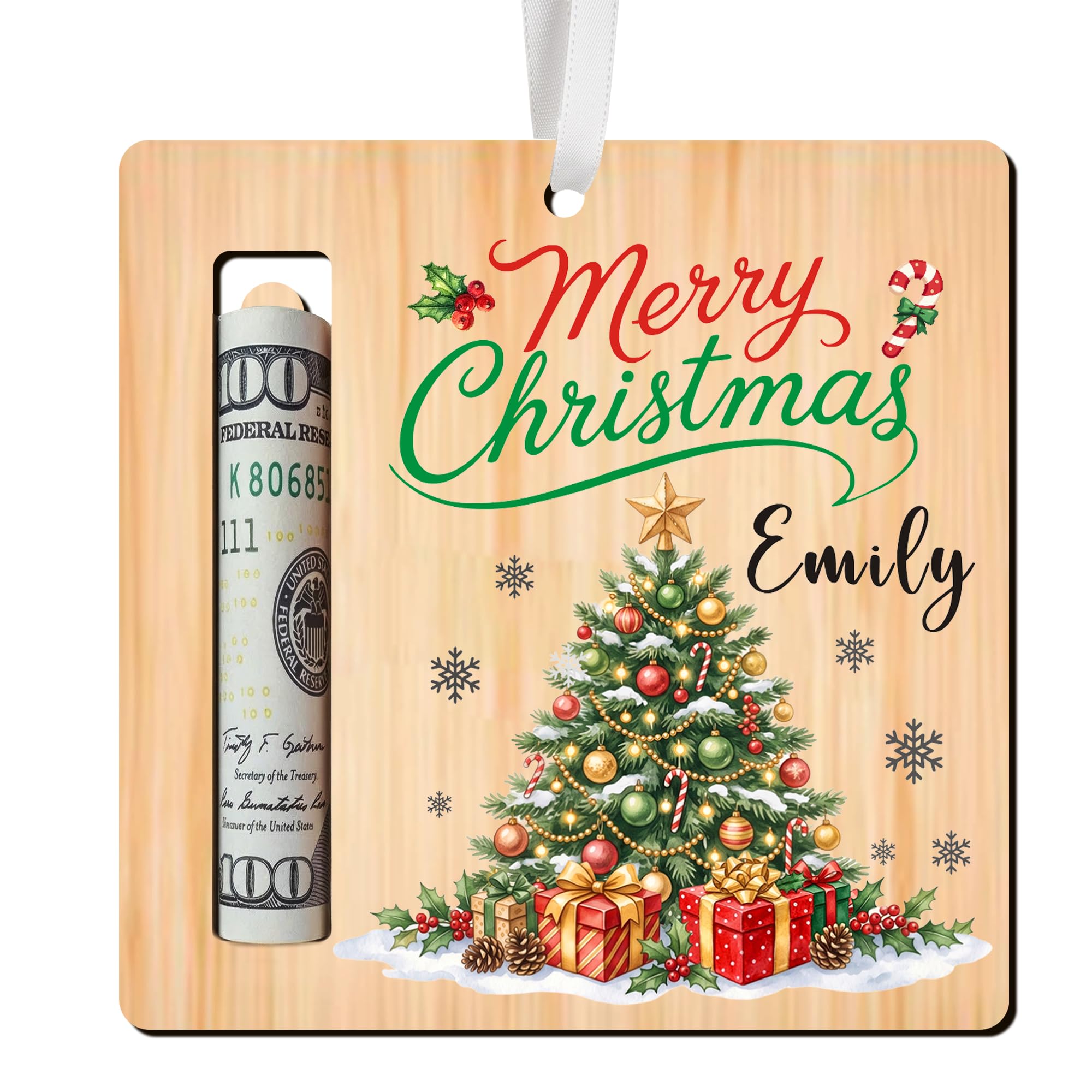 EDSG Personalised Christmas Cash Holder Ornament, Wooden Money Holder for Funny Xmas Tree Decor, Christmas Money Wallets Holder Gift for Kids Boys Girls Teenage Birthday Graduation