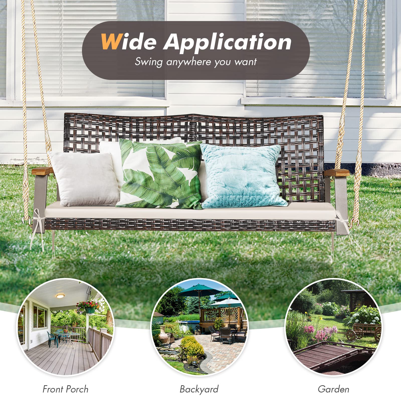 FANTASK Schaukelbank 2-Sitzer, Gartenschaukel mit Kissen & Akazienholz-Armlehnen, Veranda-Schaukel PE-Rattan, Hollywoodschaukel bis 360 kg, Schaukel für Garten Balkon Veranda (Weiß)