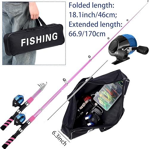 Miniatura 5 de Juego de 310 piezas de caña de pescar y carrete, caña de pescar telescópica con carretes giratorios, bolsa de transporte, kit de caña de pescar, kit