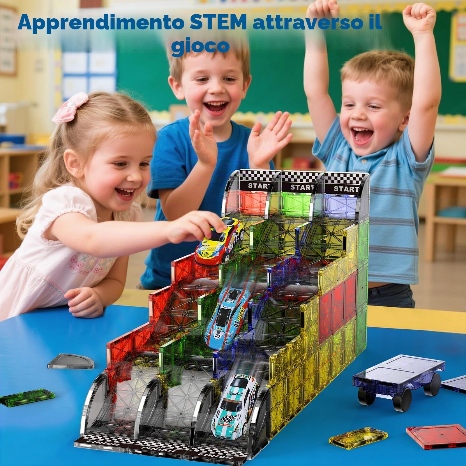 Set Costruttivo Magnetico 2-in-1 Pista da Corsa & Strade, Set di Giocattoli Magnetici 40 Pezzi con Auto, Giocattolo Montessori, Giocattolo Educativo per Bambini a partire da 3 Anni, Giocattolo