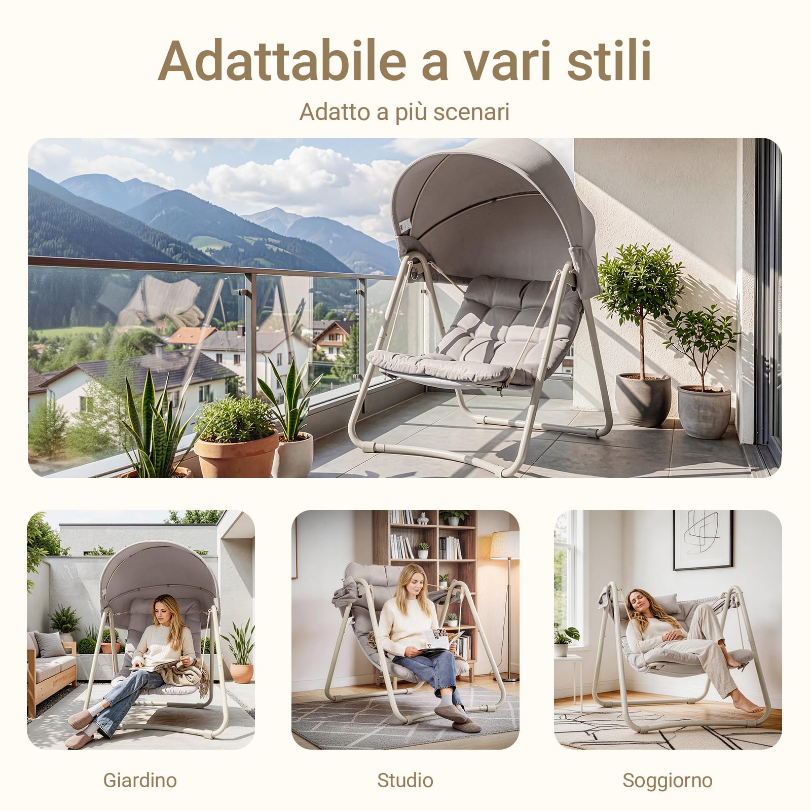 Sobuy Dondolo da Giardino Poltrona Relax Sedia a Dondolo Altalena Divanetto da Esterno Amaca da Giardino Poltrona Sospesa Beige 108x126x163 cm OGS62-MI