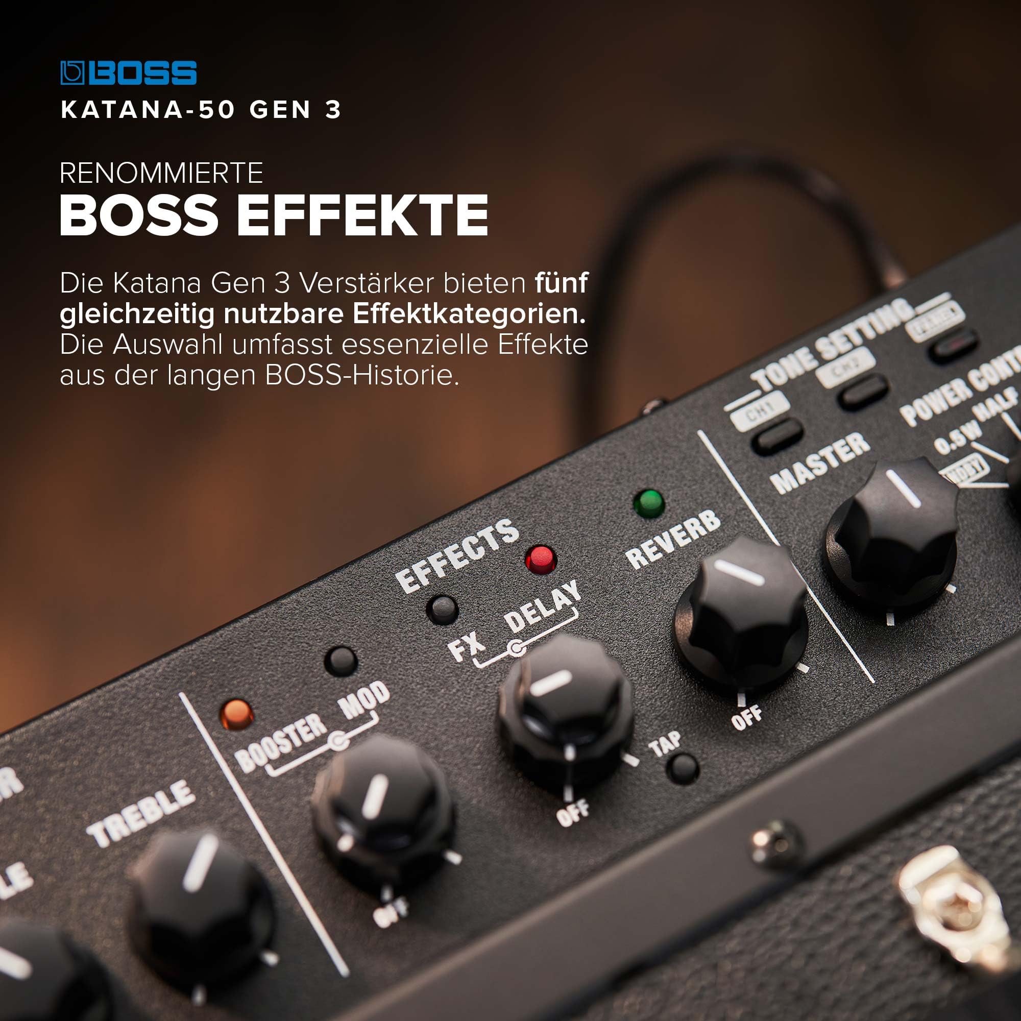 BOSS Katana-50 Gen 3 Gitarrenverstärker, Kompakter 50 Watt Combo-Verstärker, 12‘‘-Custom-Lautsprecher, Weiterentwickelter Tube-Logic-Sound, 12 Verstärkercharakter, Integrierte Effekte