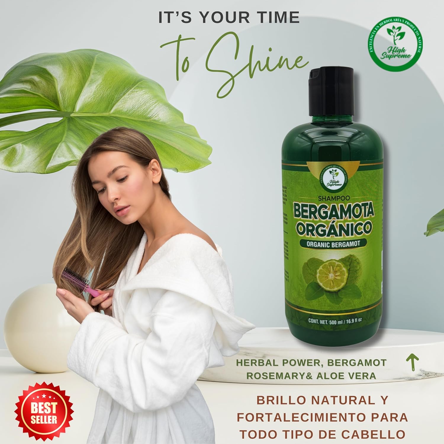 HIGH SUPREME Shampoo organic bergamot (16.9 fl oz) with aloe vera & rosemary SHAMPOO ORGANICO BERGAMOTA con Sabila & Romero Cont. net. 500 ml (Pack of 2)