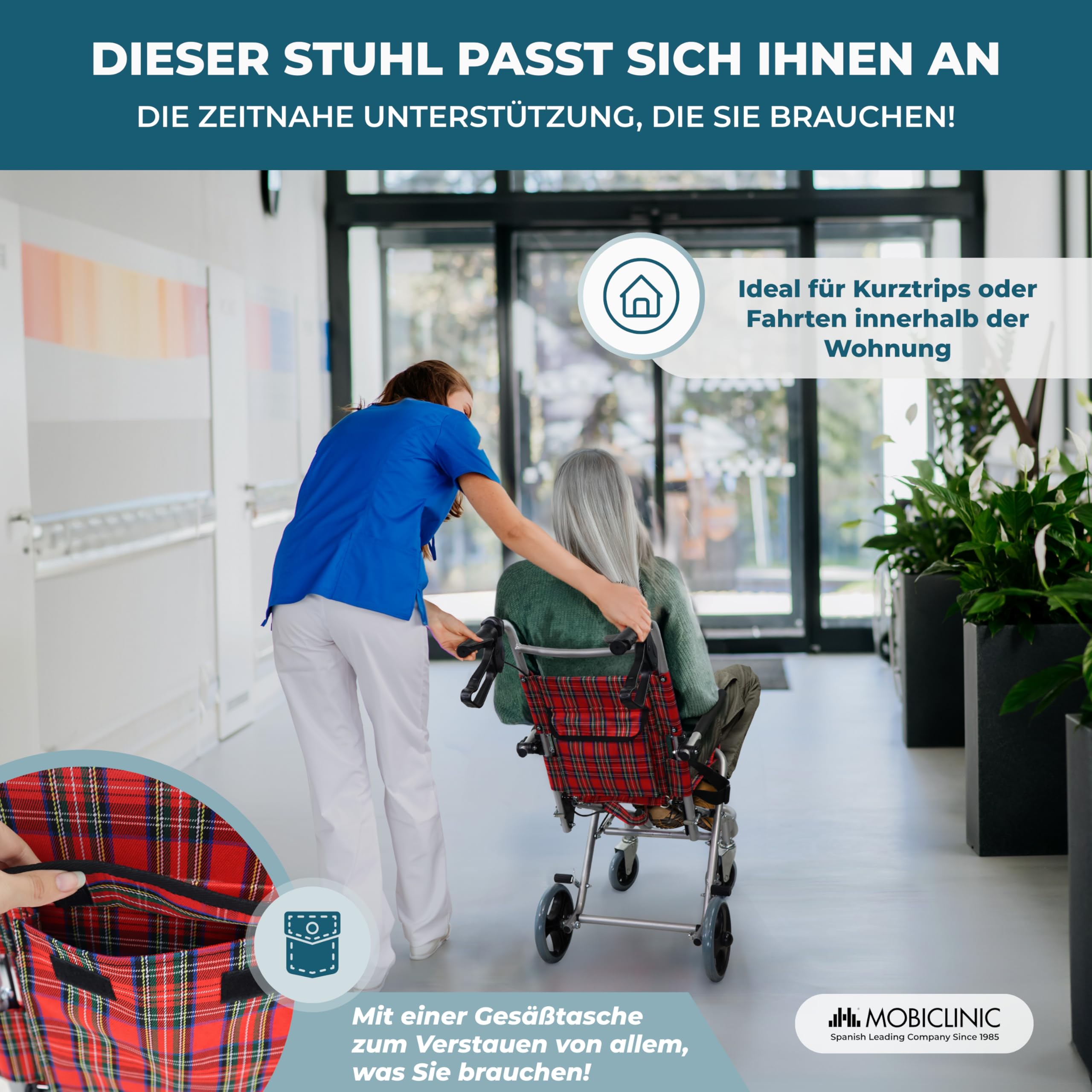 Mobiclinic®, Transitrollstuhl, Modell Neptuno, Aluminium, Klappbar, Bremse an den Griffen, Europäische Marke, Klappbare Fußstützen, Klappbare Armlehnen, Leichtgewicht, mit Sicherheitsgurt