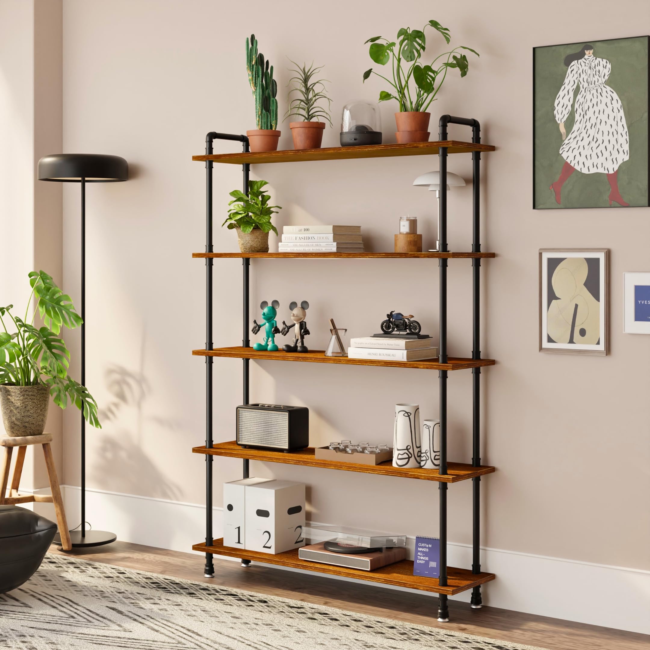 Photo 1 of Anynice Industrial Bookshelf, Pipe Shelf Bookcase, 5 Tier, 48" Rustic Brown