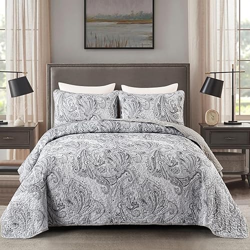 Miniatura 1 de DJY Juego de edredón de cachemira gris, tamaño Queen, color gris claro, bohemio, juego de edredón de 3 piezas, suave y ligero con estampado floral