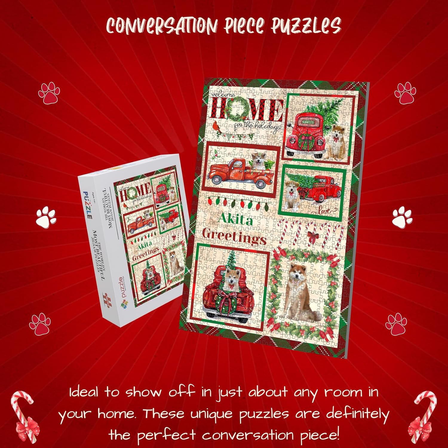 Welcome Home for Christmas Holidays Akita Dogs Jigsaw Puzzle for Adults - Animal Printed Interlocking Puzzle Game Artwork - Gift for Dog Lover's - 1000 Pcs 20"x30"