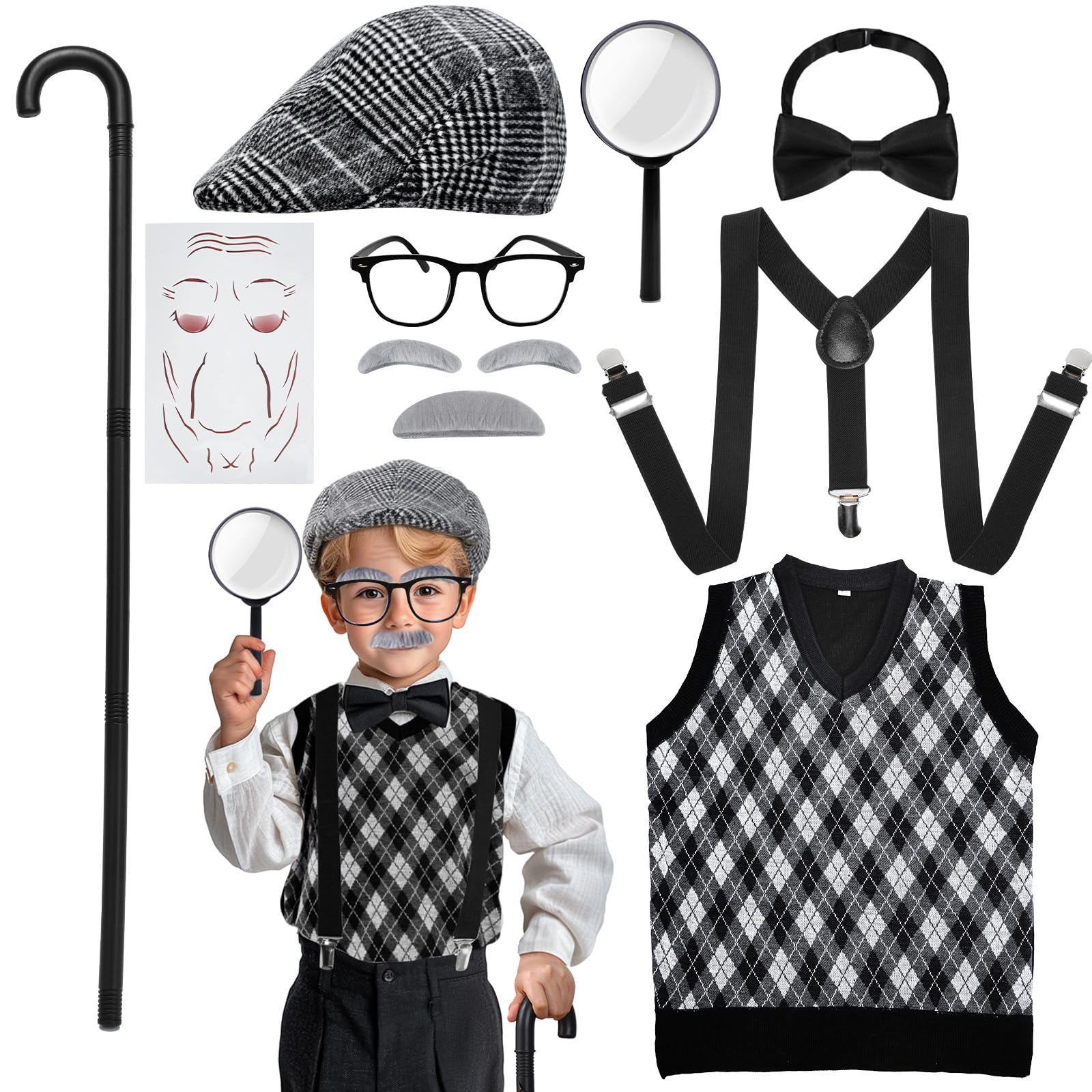Skirfy Kids 100 Days of School Costume for Boys, Old Man Costume for Kids with Old Man Hat and Grandpa Vest,Cosplay Grandpa Dress Up Accessories(Size 4.92FT)