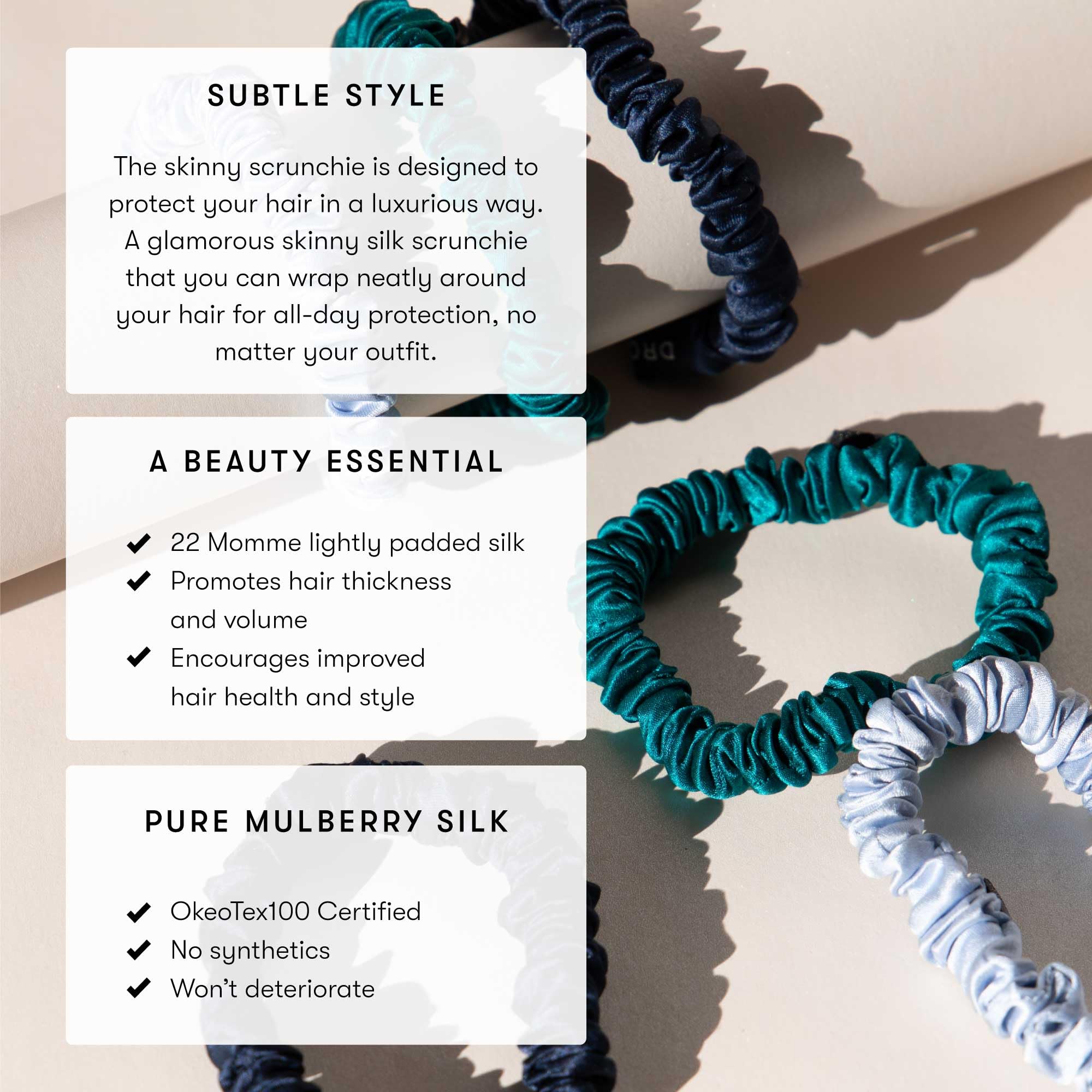 Drowsy Luxury Skinny Silk Scrunchies, Pack of 6, Premium Hair Care Beauty Accessories for All Hair Types, Protect Hair Health - Image 2