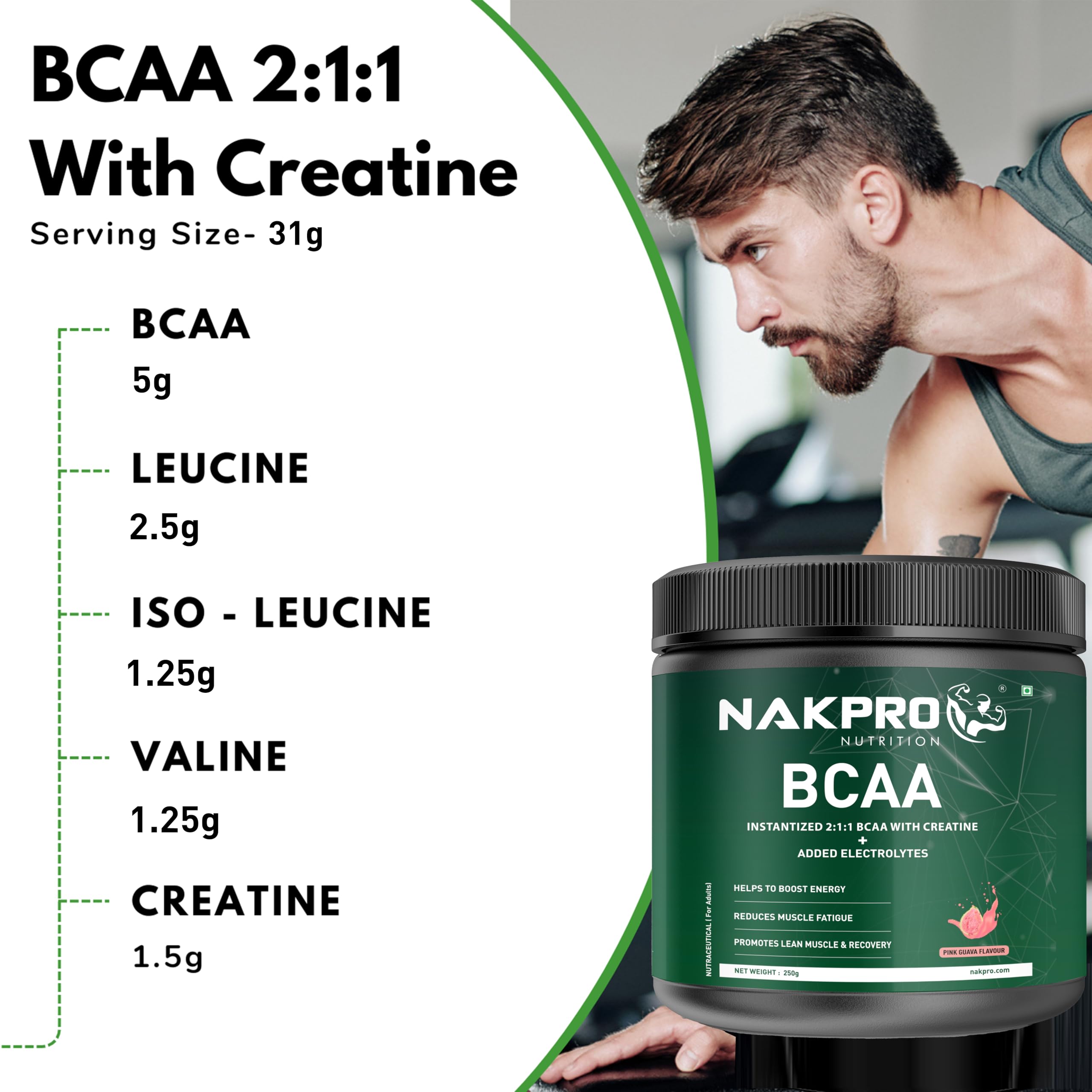 NAKPRO BCAA-Instantized 2:1:1,BCAA - Jar (31 Servings, 250g- (250 g, Pink Guva) - Image 5 thumbnail
