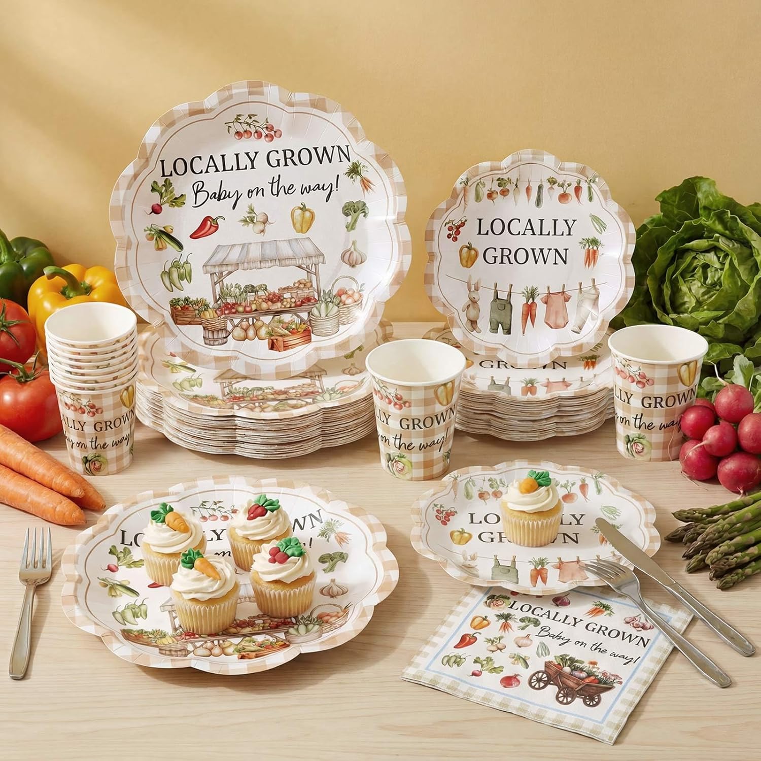 Newtay 250 Pcs Locally Grown Baby Shower Disposable Plates and Napkins Farmers Market Disposable Tableware Set for 50 Guests Vegetable Theme Paper Plates Napkins for Birthday Baby Shower Supplies