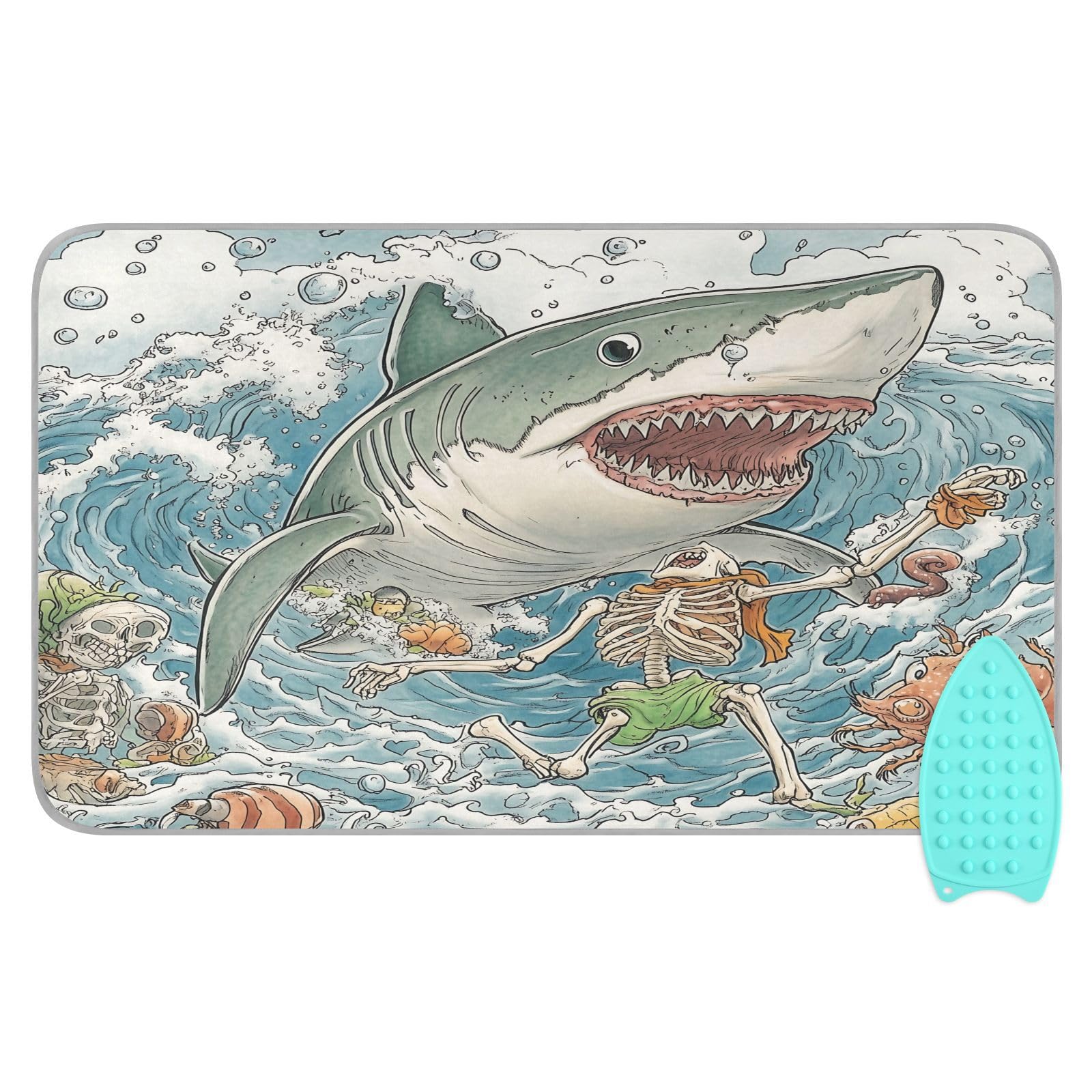 pnyoin Portable Ironing Mat Big Shark Mouth Open Travel Ironing Pad with Silicone Iron Rest for Steam Pressing on Tabletop or Bed Heat Resistant Portable Quilting & Travel Blanket