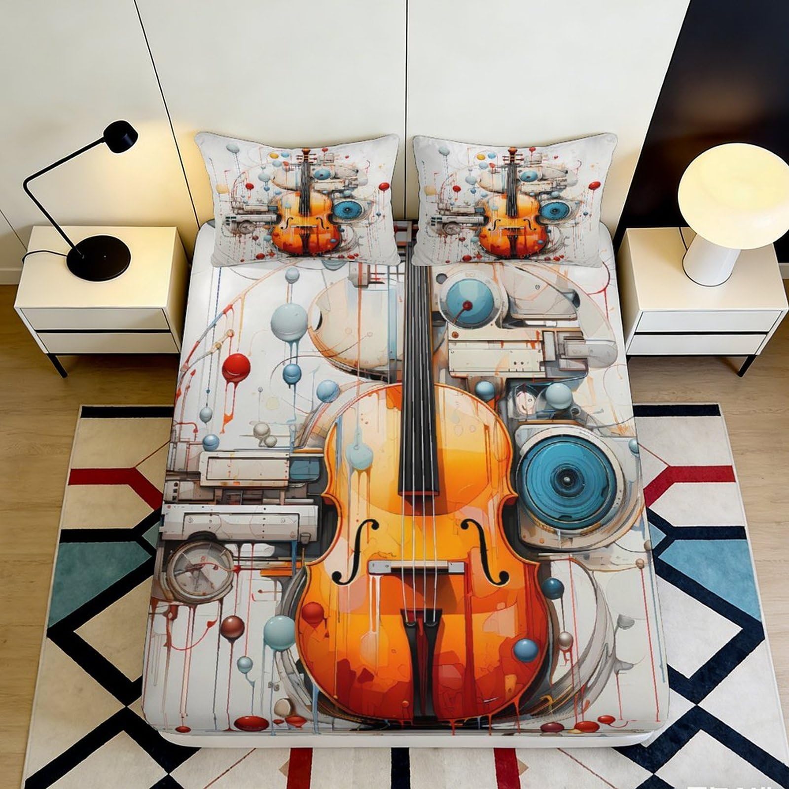 Pnayamiorkfel Style-4 3D Printed Violin Abstract Fitted Sheet Microfiber Artistic Bedroom Decor, Retro Music Mattress Cover 90X200x25cm