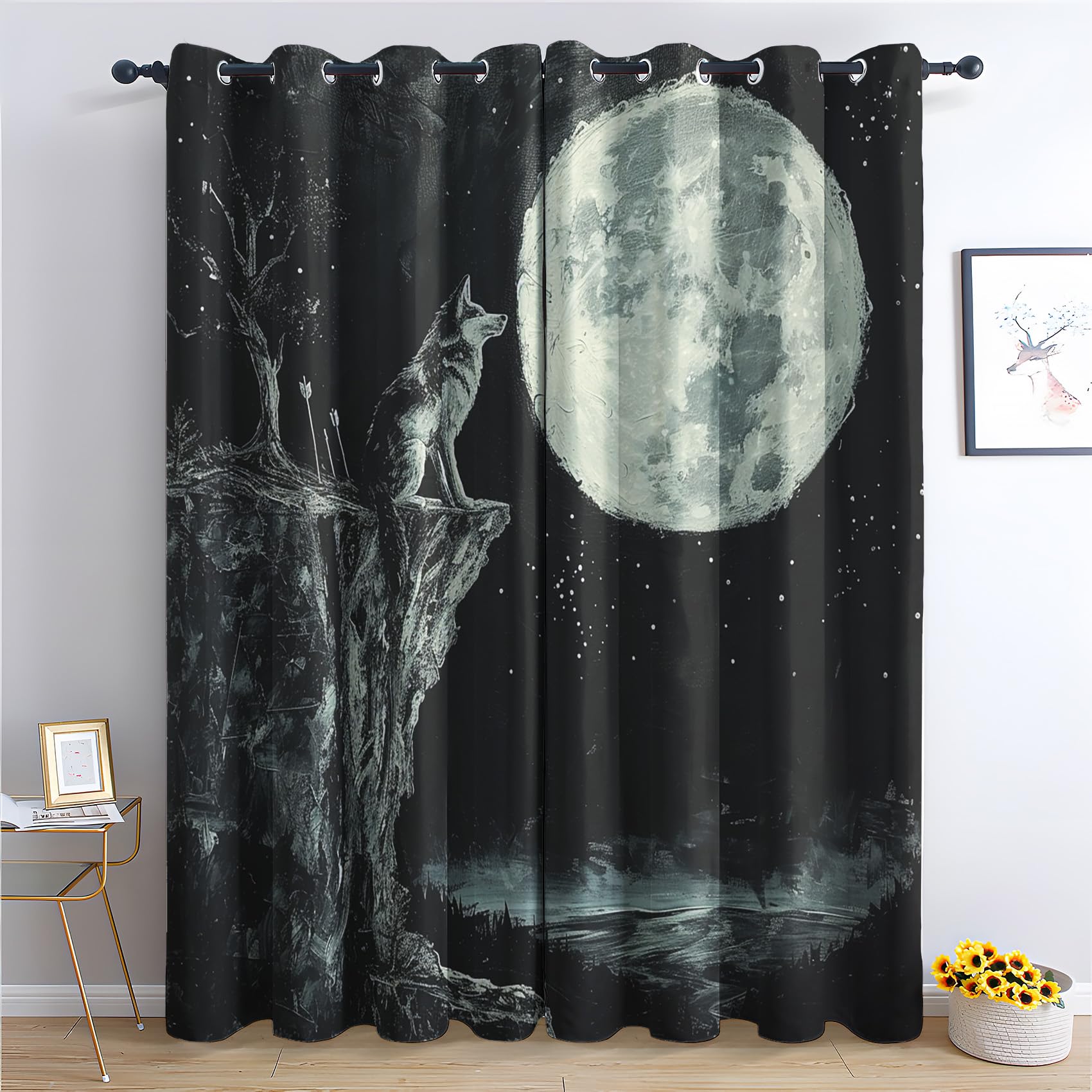 DlaQoryx Wolf Blackout Curtains Gothic Full Moon Mountains Tree Thermal Curtains, Drapes for Bedroom Living Room Home Decor, Eyelet Window Curtains 2 Panels 46 x 90 Inch Drop