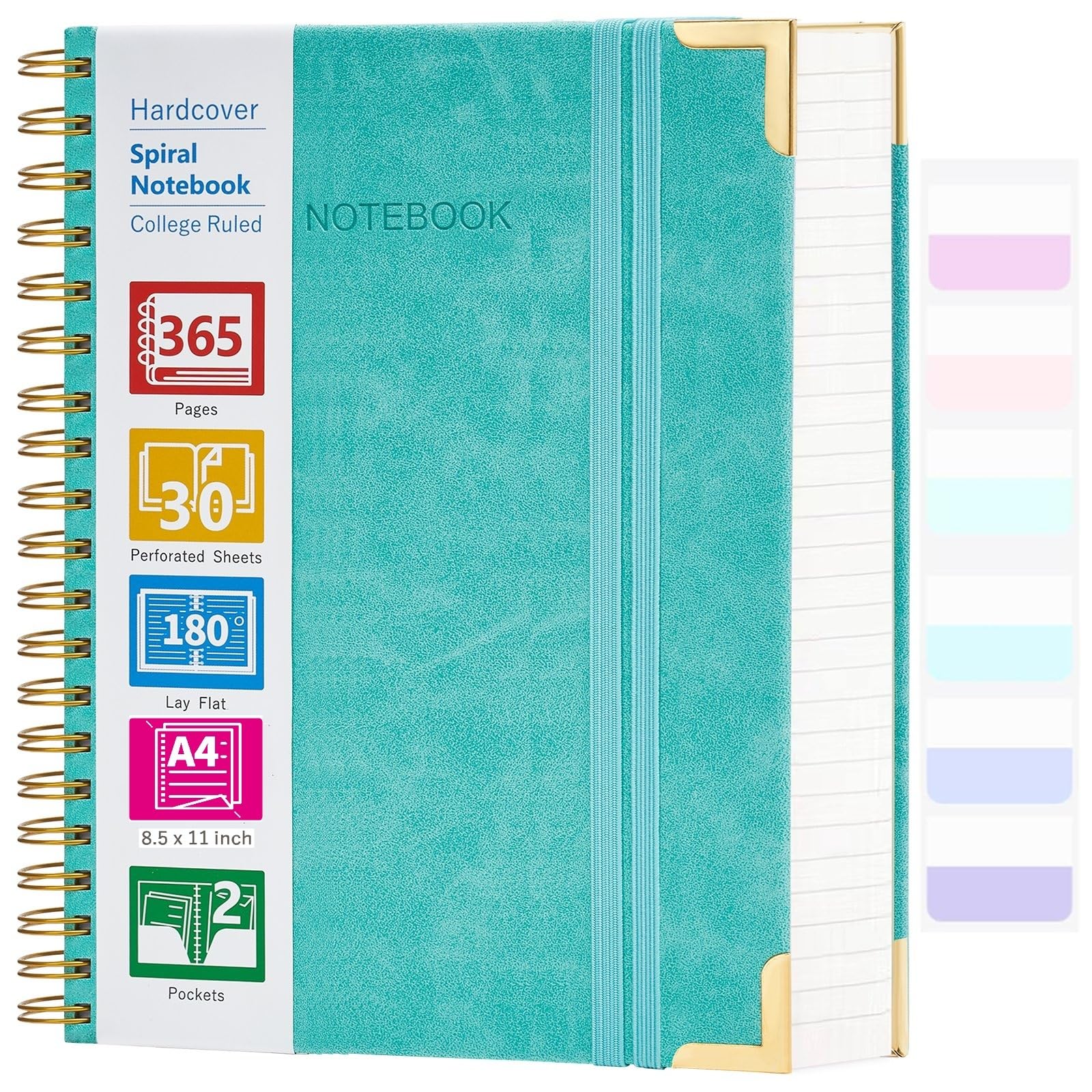 Carnet à spirale, 365 pages lignées à couverture rigide, 21,6 x 27,9 cm, grand carnet de notes en cuir pour homme et femme, carnet A4 pour le travail et l'école, 24 onglets d'index, bleu sarcelle