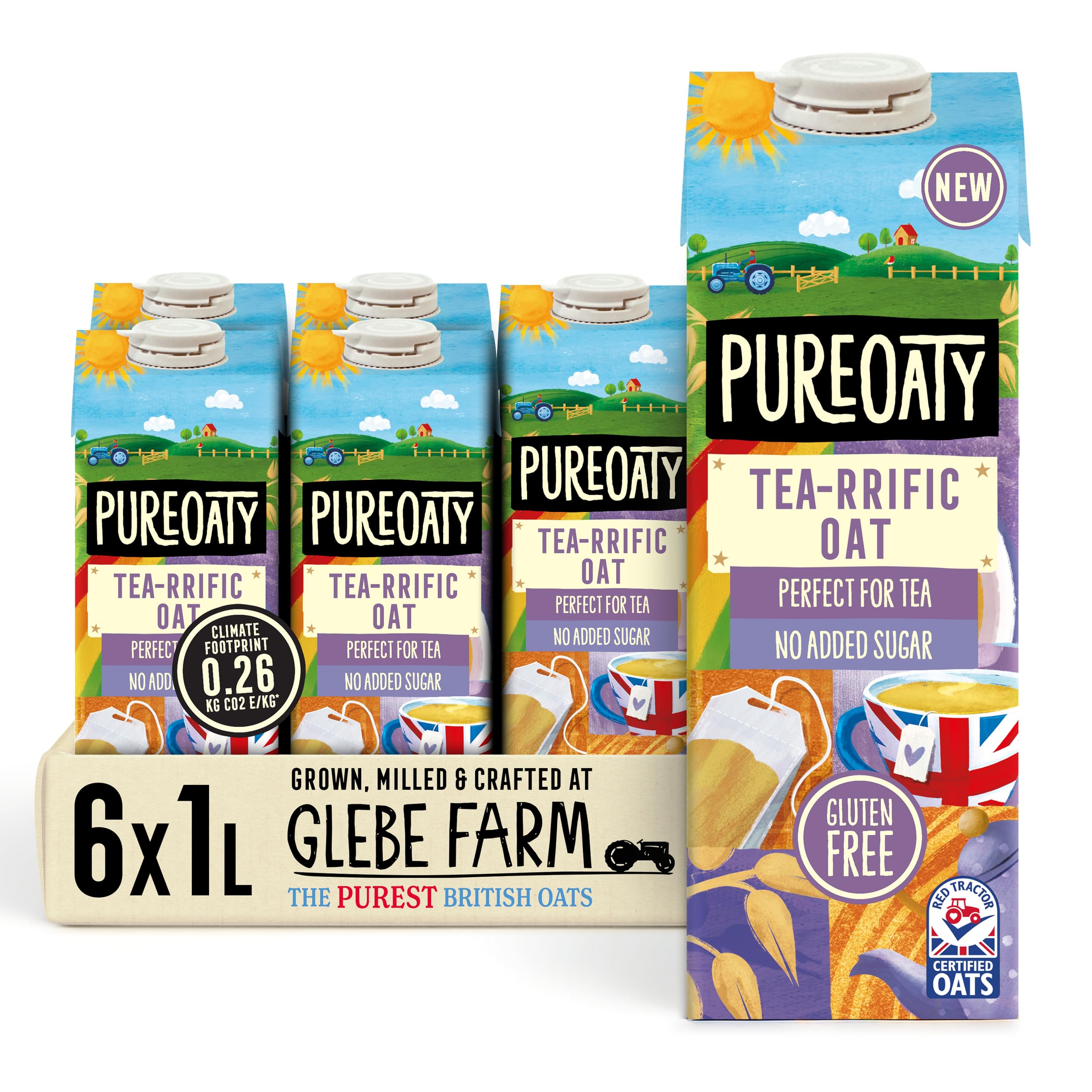 Glebe Farm PureOaty Tea-riffic Oat Drink | Dairy-Free & Gluten-Free | Oat Milk Crafted for Tea | Non-Splitting Formula | Vegan Oat Milk, Tea-Specific, 1L Carton (6-Pack)