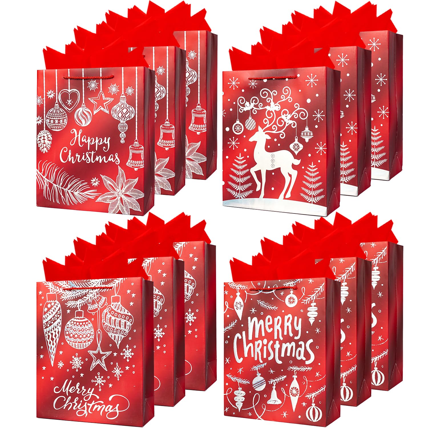 12Pack Christmas Paper Gift Bags,Medium Sizes Gift Bags with Handle and Tissue Paper for Wrapping XMAS Present (Red)