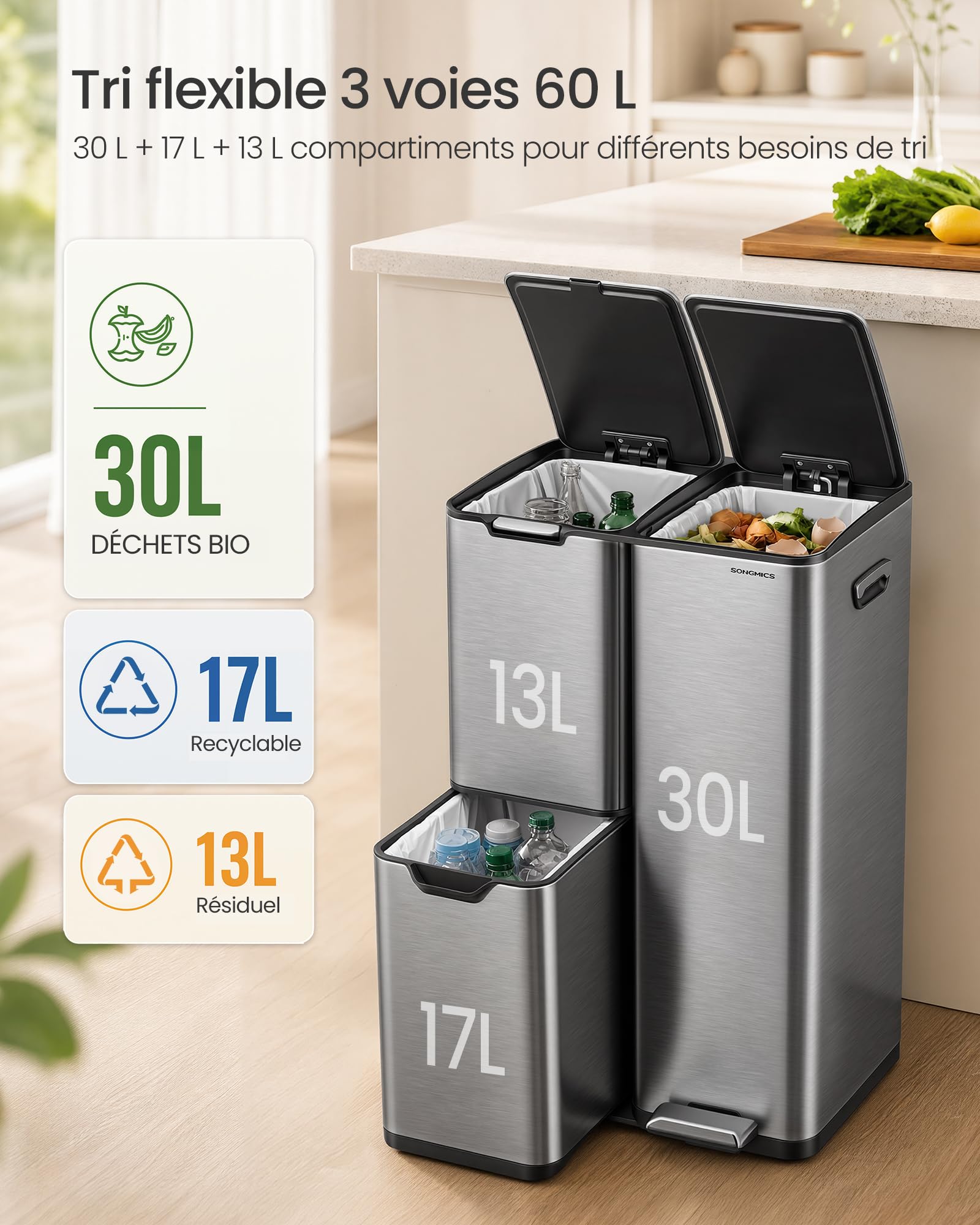SONGMICS Poubelle Cuisine, Tri Sélectif, 3 Bacs, 60L, Acier