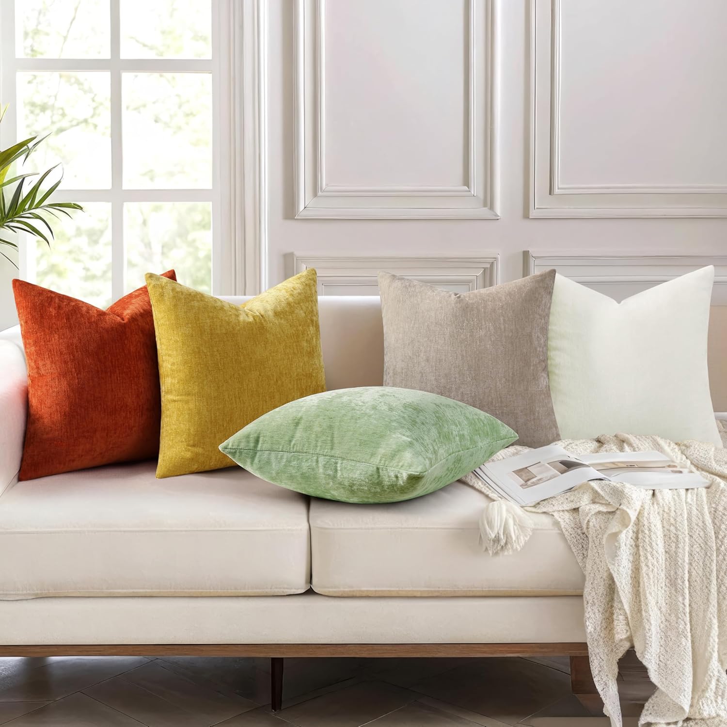 decorUhome Chenille Mineral Yellow Spring Throw Pillow Covers 20x20 Inch Set of 2, Decorative Soft Couch Pillow Covers Solid Dyed Accent Farmhouse Neutral Square Pillow Cases for Sofa - Image 6