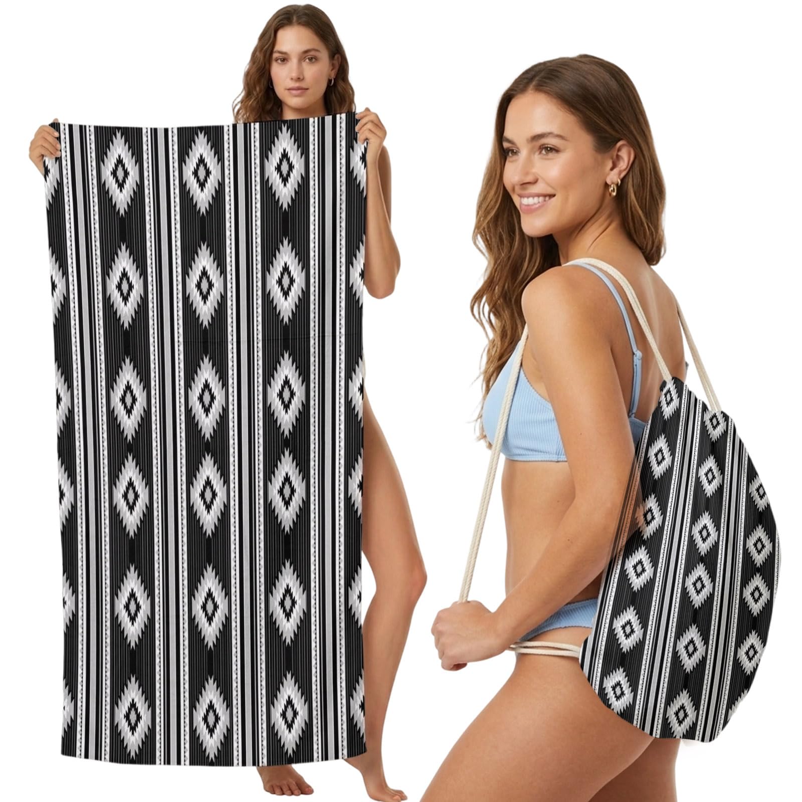 FWJZDSP Beach Towel Bag 2 in 1 Black Diamonds Stripes Bath Pool Towels Backpack Geometric Vertical Striped Lines Absorbent Beach Towel Soft Quick Dry Packable Towels Drawstring Bag for Travel Sports