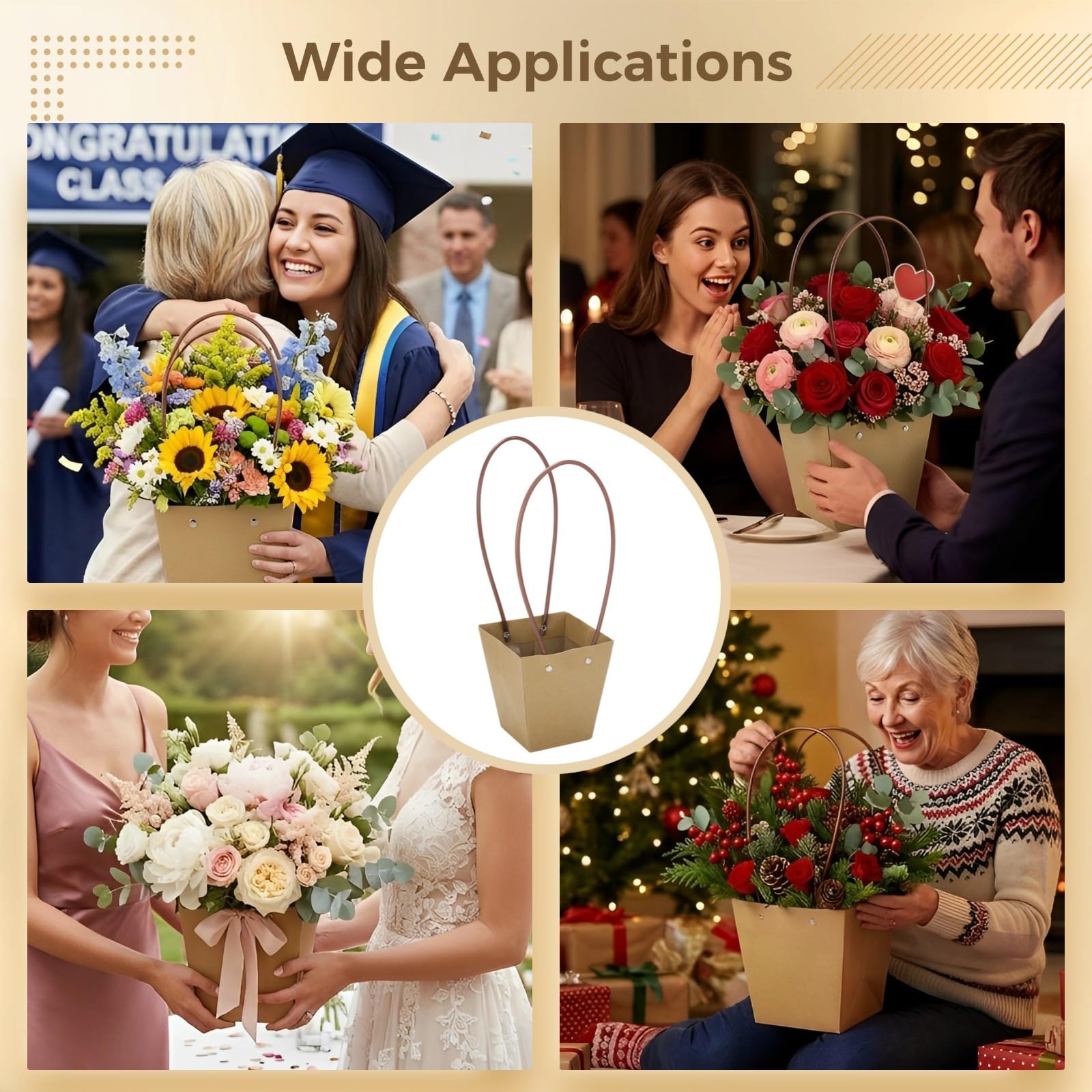 30 sacchetti regalo per fiori in carta kraft, con manici, sacchetti spessi per bouquet, design trapezoidale, fodera interna impermeabile, ideali per composizioni floreali, matrimoni, feste di