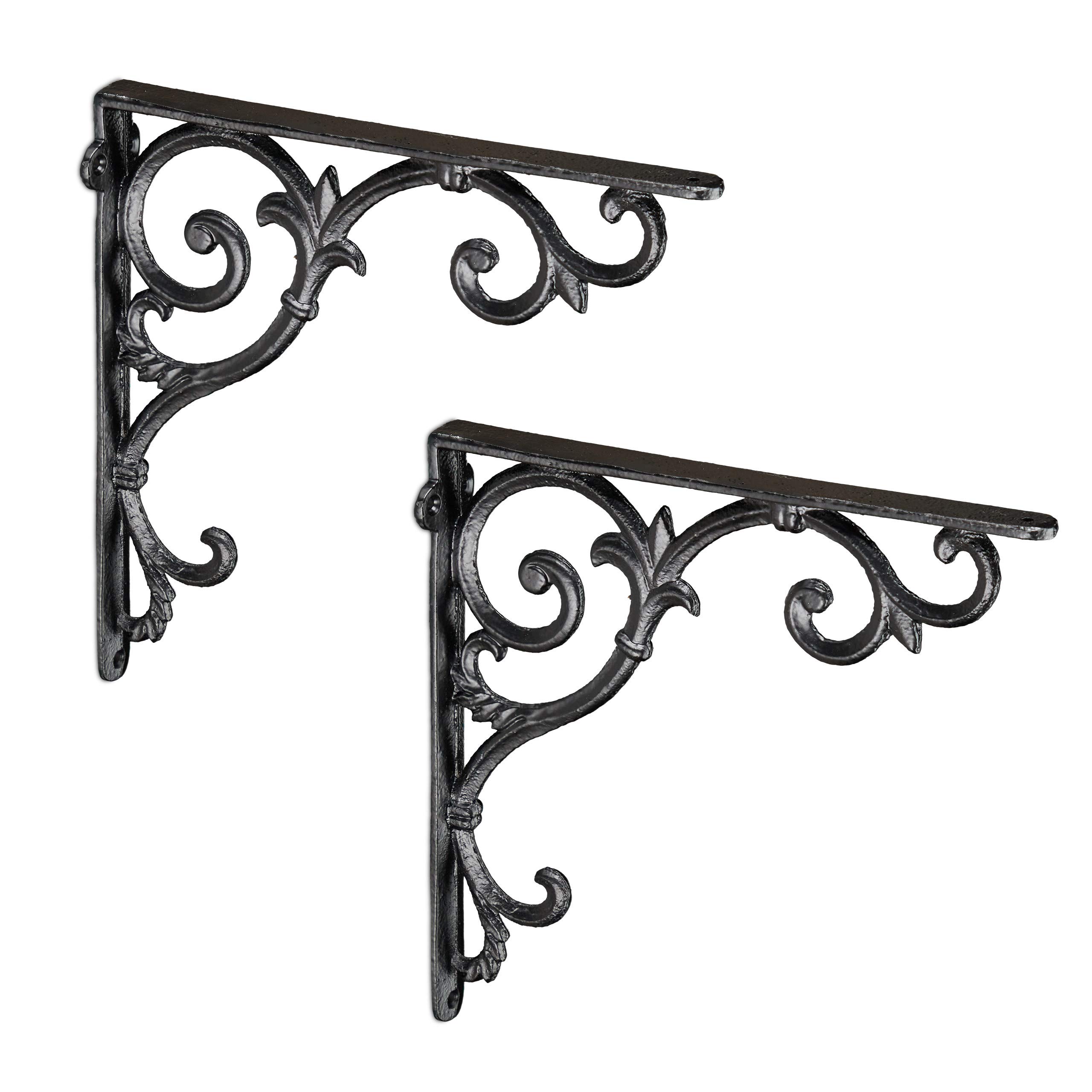 Relaxdays Set of 2 Shelf Brackets, Cast Iron, Rack Support, Vintage Motif, 24.5 x 4 x 24.5 cm, Angle for Shelves, Black