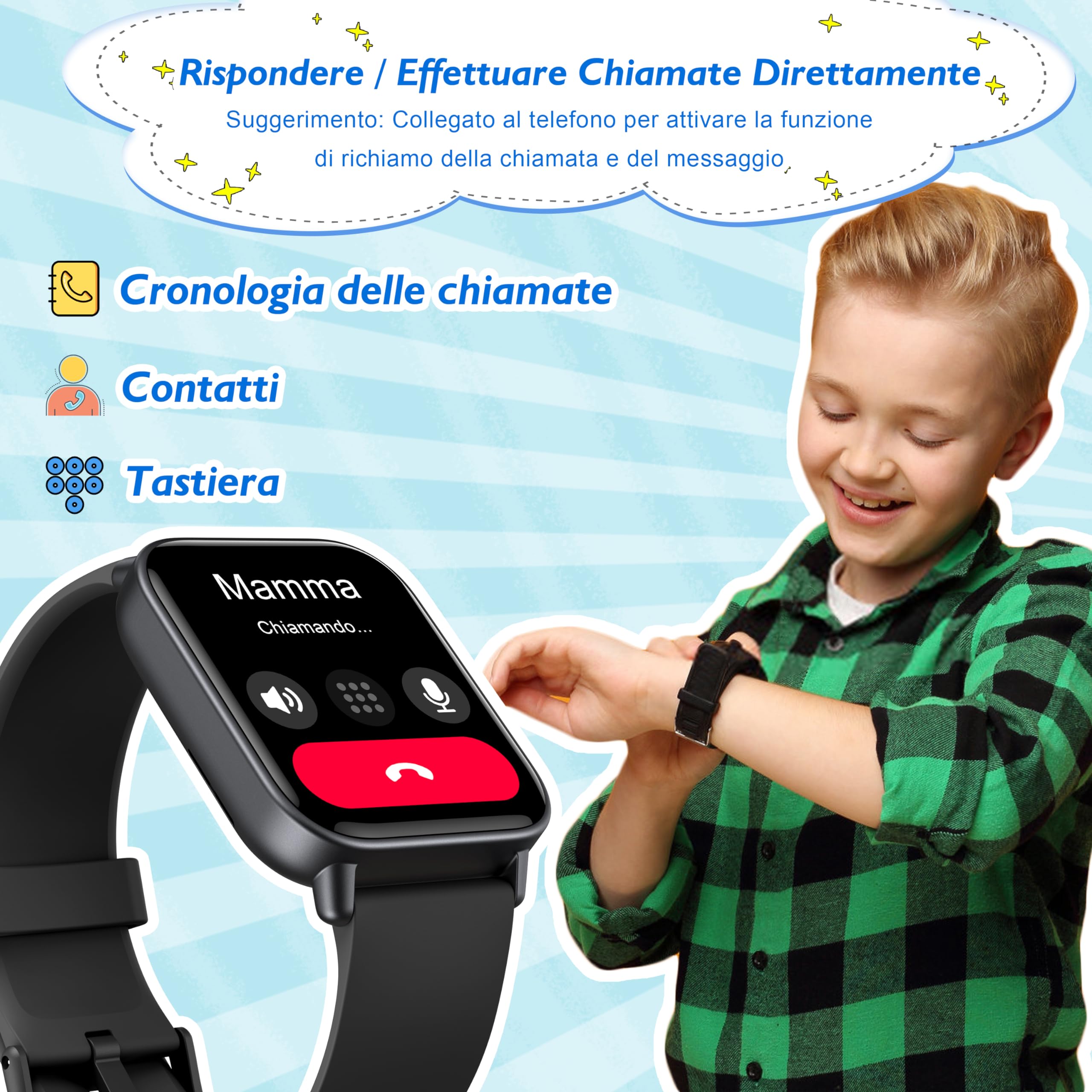 KALINCO Smartwatch per Bambini, Orologio Chiamate, Assistente Vocale, 100+ Sports, Gestione della Salute (Sonno, Frequenza Cardiaca, SpO2, Pressione), Lettore Musicale, Sveglia