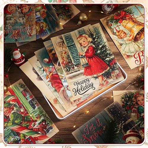 Miniatura 4 de Pasimy Paquete de 12 pósteres de Navidad vintage, juego de pared retro de 10 x 12 pulgadas, estampado nostálgico de Papá Noel e invierno para el