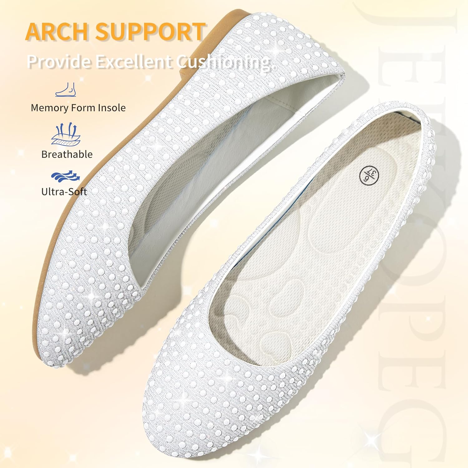 Jeekopeg Women Rhinestone Ballet Flats Sparkly Classic Round Toe Flats Comfortable Slip on Ballerina Flats Elegant Wedding Party Dress Shoes for Lady - Image 5