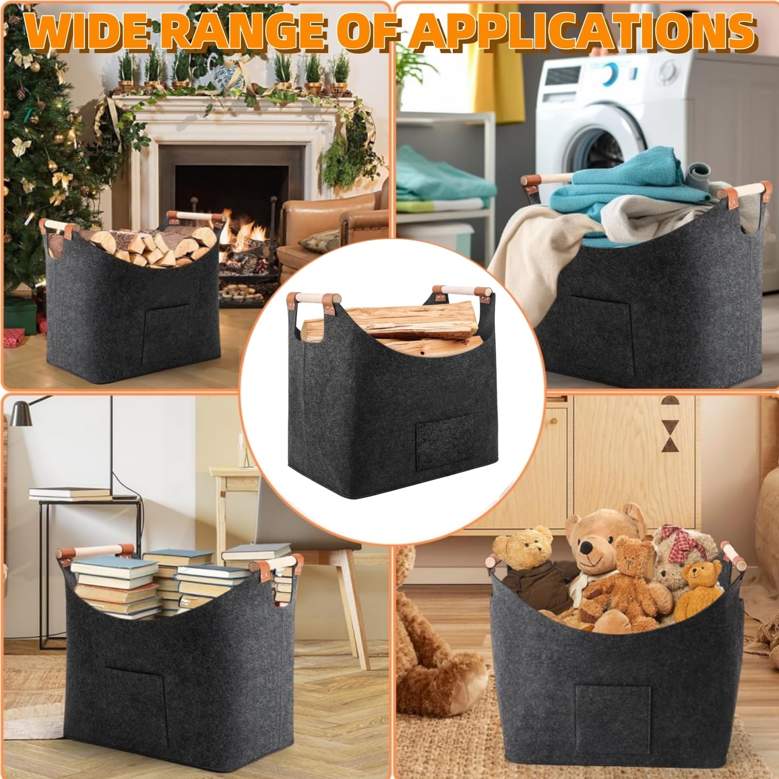 Panier à Bois de Chauffage Extra Large 50L Gris Foncé, Sac Pliable en Feutre avec Poignée Renforcée
