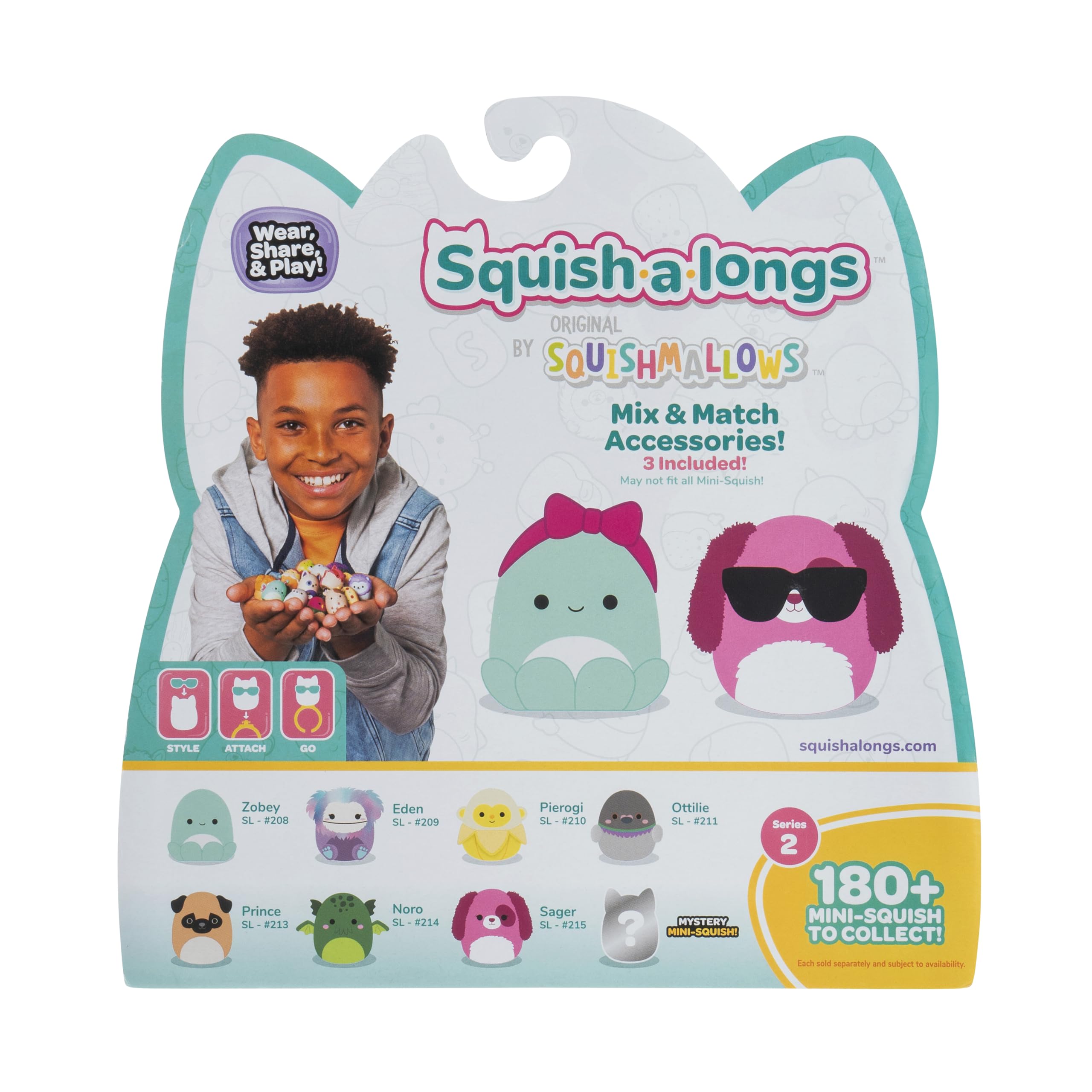 Squish-a-longs Zestaw 8 mini squish 2,5 cm (styl 1 - W2) z (2) akcesoriami, (1) pierścieniem i przewodnikiem kolekcjonerskim, do kolekcjonowania, handlu i zabawy