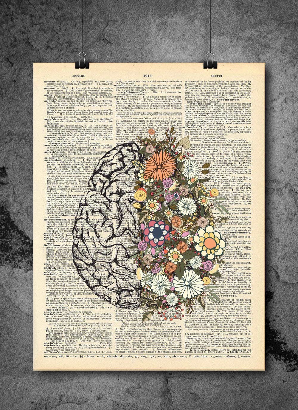 Anatomical Brain And Flowers Print - Vintage Art - Authentic Upcycled Dictionary Art Print - Home or Office Decor - Inspirational And Motivational Quote Art