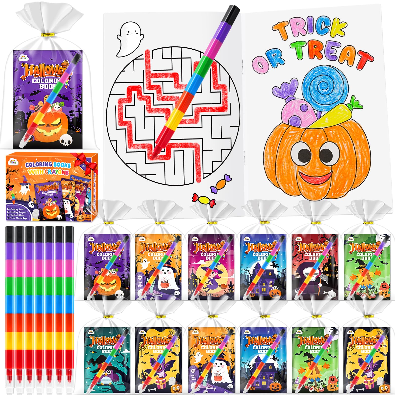 ZMLM Halloween Party Bag Fillers - 24 Pack Halloween Colouring Books & Crayons, All-in-One Activity Set for Samhain Party Bag Fillers Gifts for Kids & Classroom Prizes for Pupils