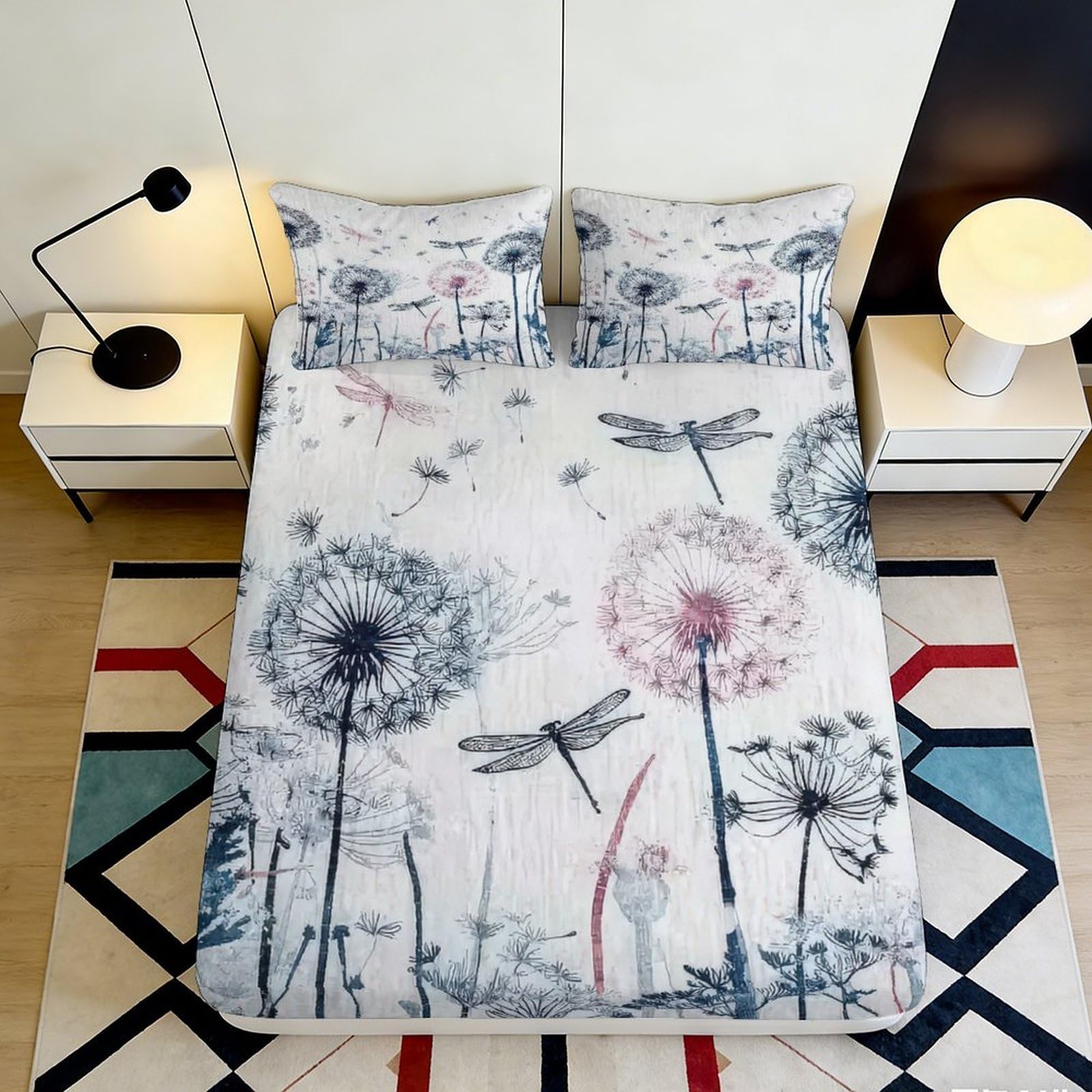 3D Printed Dandelion Dragonfly Fitted Sheet Microfiber Soft Mattress Cover for Bedroom Dorm Protection Decor 90x200x25cm